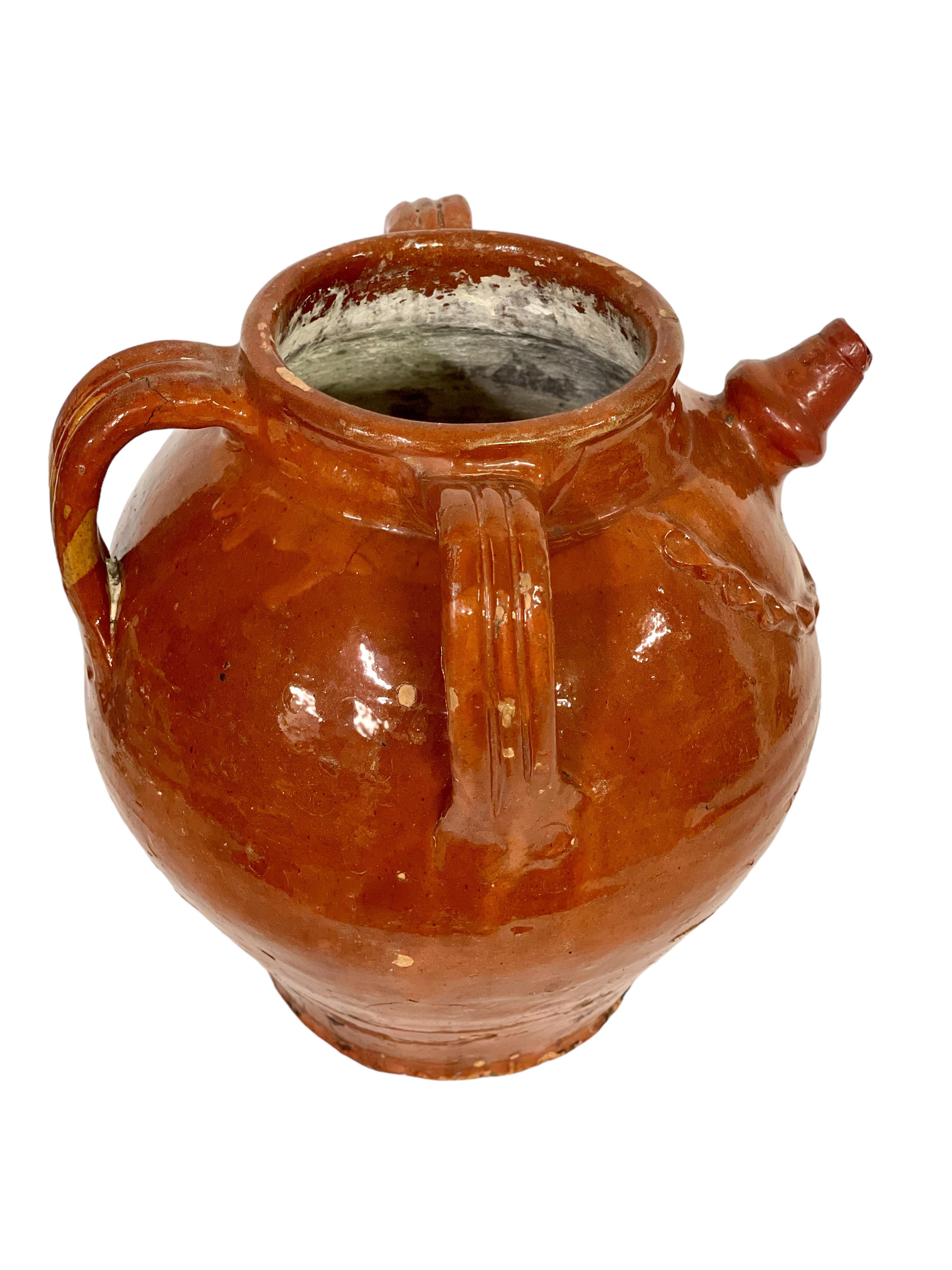 Earthenware 19th C. Large French TerracottaJug with Three Handles, from Dordogne Region For Sale