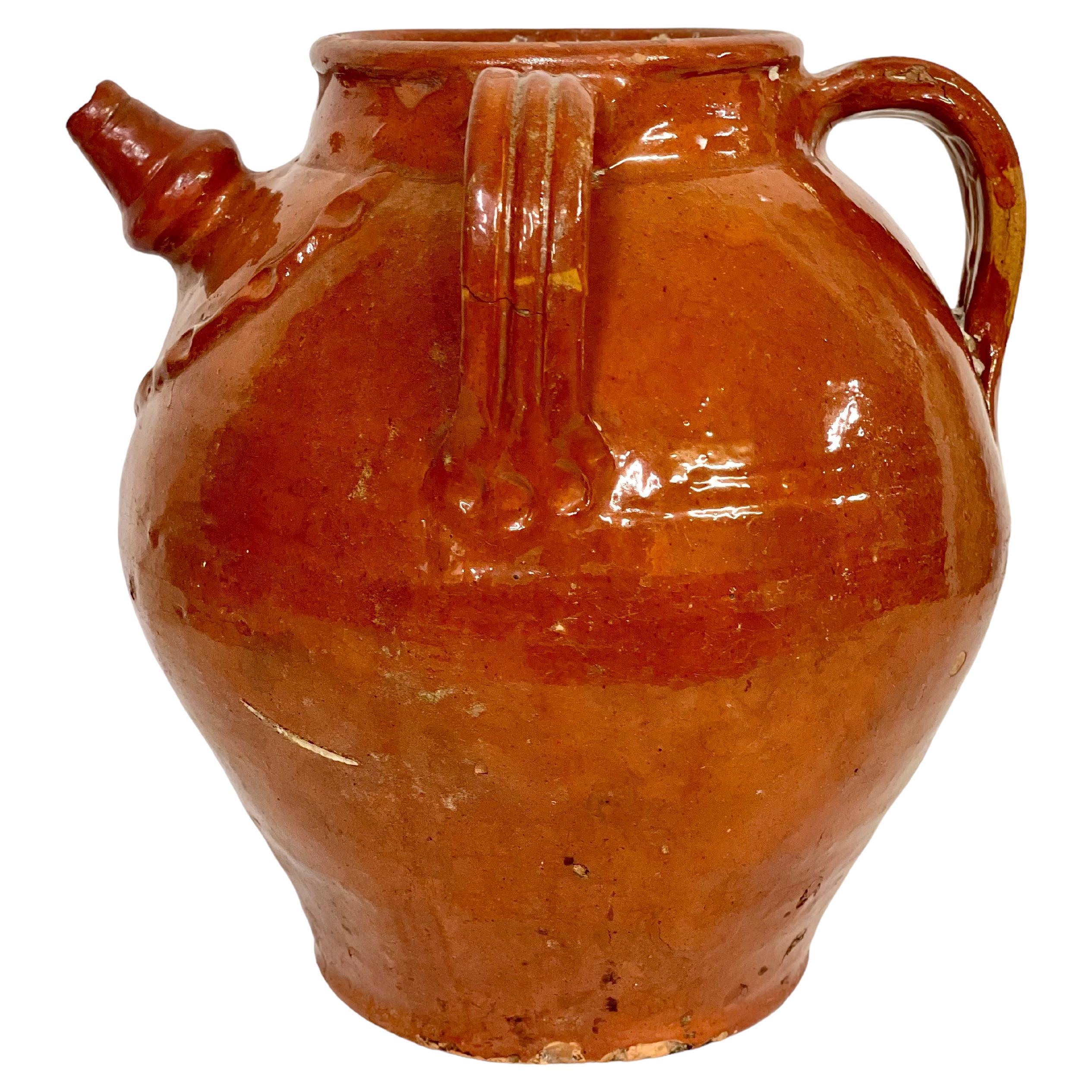 19th C. Large French TerracottaJug with Three Handles, from Dordogne Region For Sale