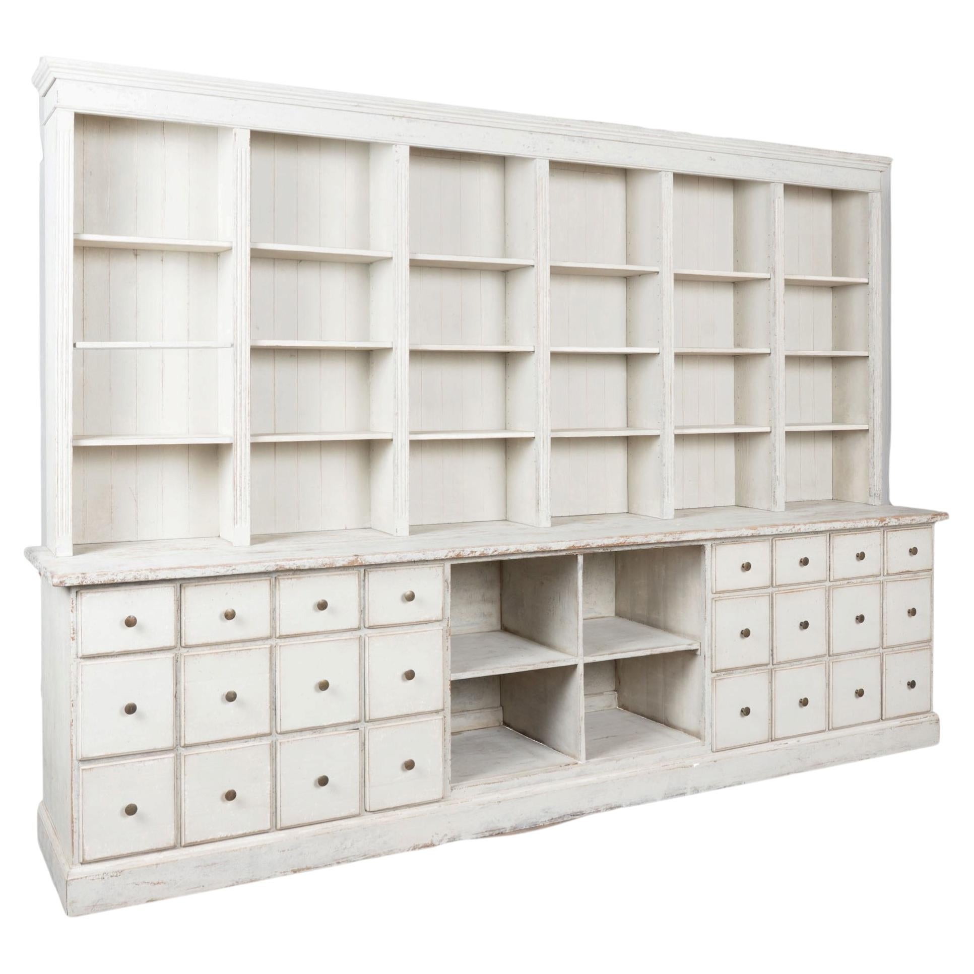 19th C. Large White Display Cabinet Bookcase Apothecary with 24 Drawers