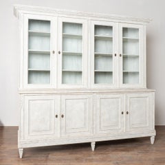 19th C. Large White Gustavian Style Bookcase Display Cabinet with Glass Doors