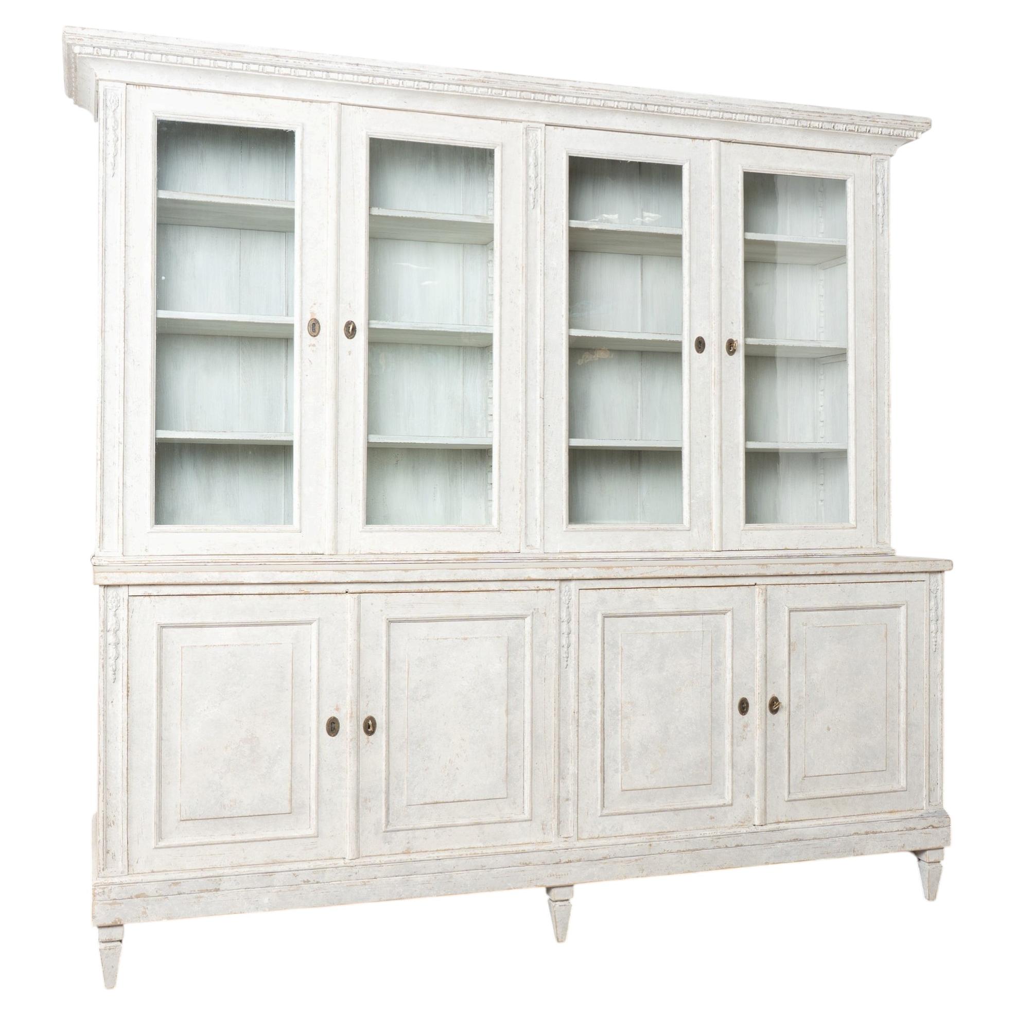 19th C. Large White Gustavian Style Bookcase Display Cabinet with Glass Doors