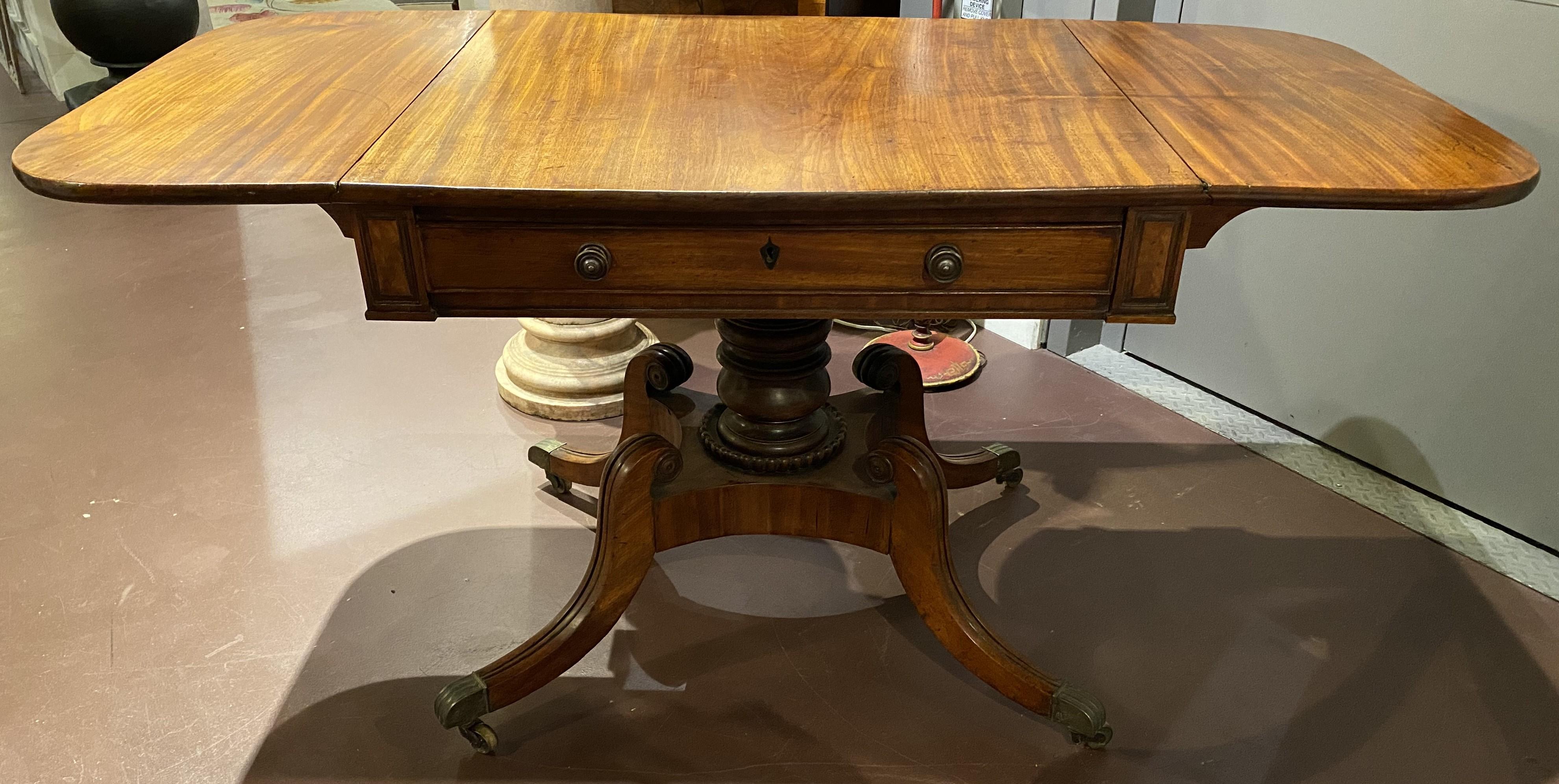 Brass 19th c Late Georgian or Regency Mahogany One Drawer Drop Leaf Library Table For Sale