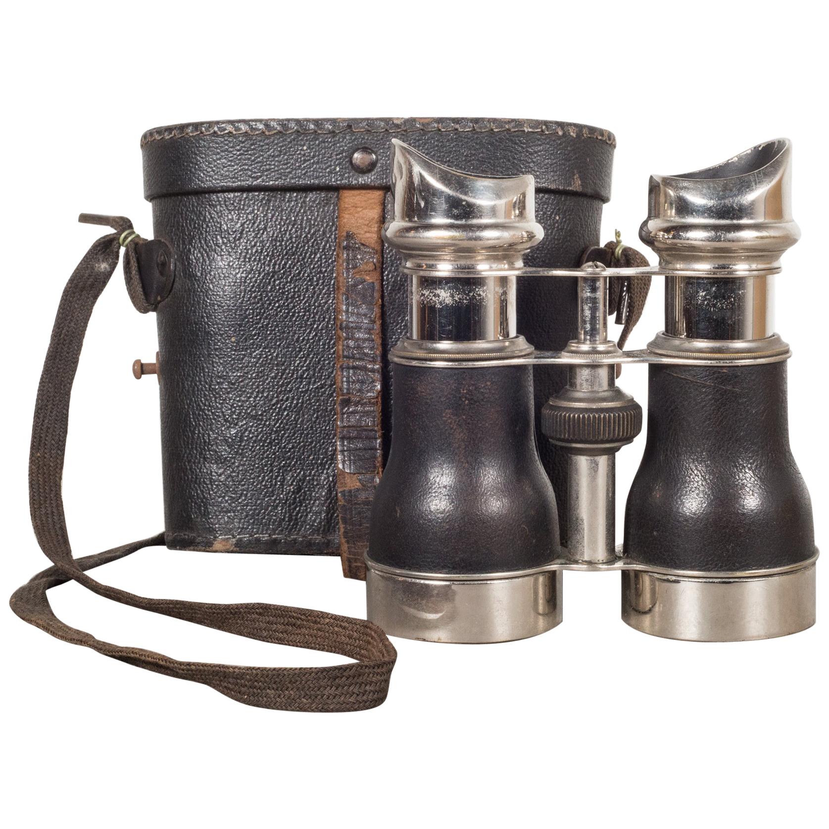 19th C. Leather and Chrome Field Binoculars & Case, c.1880