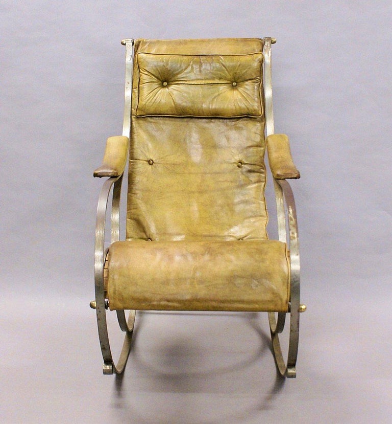 19th Century Leather Upholstered Metal Rocking Chair For Sale at 1stDibs