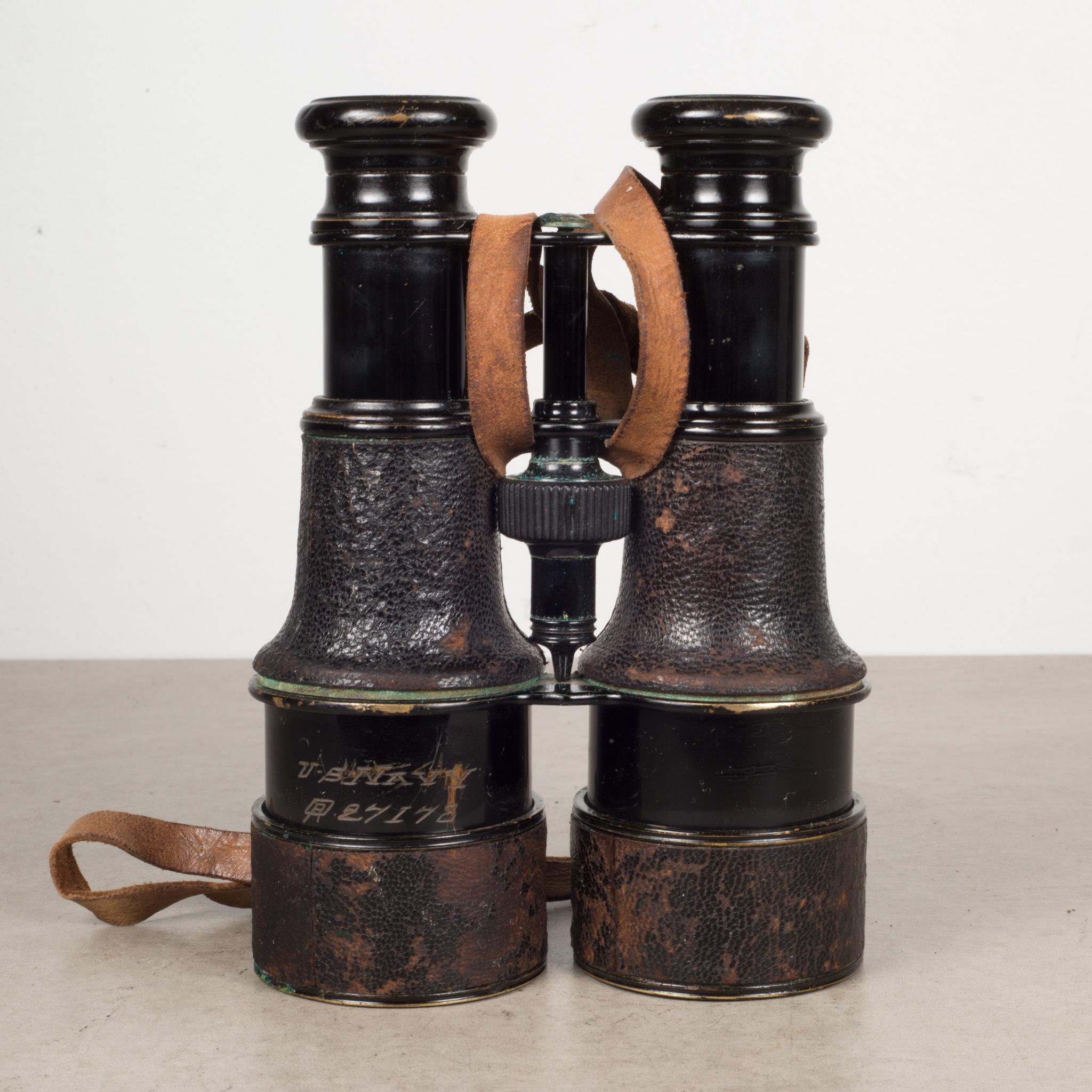 Metal 19th C. Leather Wrapped French Field Binoculars, c.1880