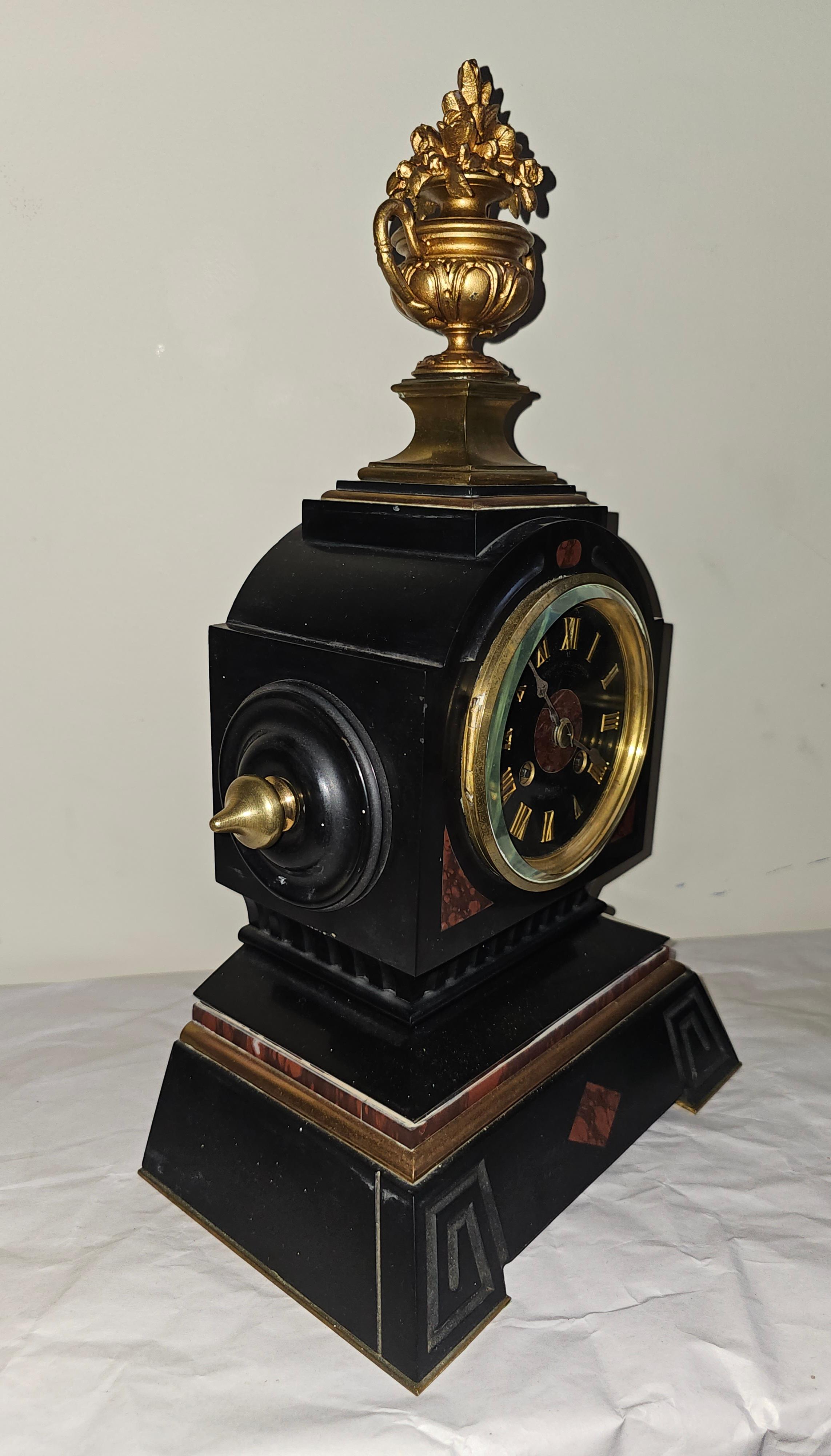 19th C. Lemerle-Charpentier Bronze Ormolu and Red Marble Clock Garniture Set For Sale 3
