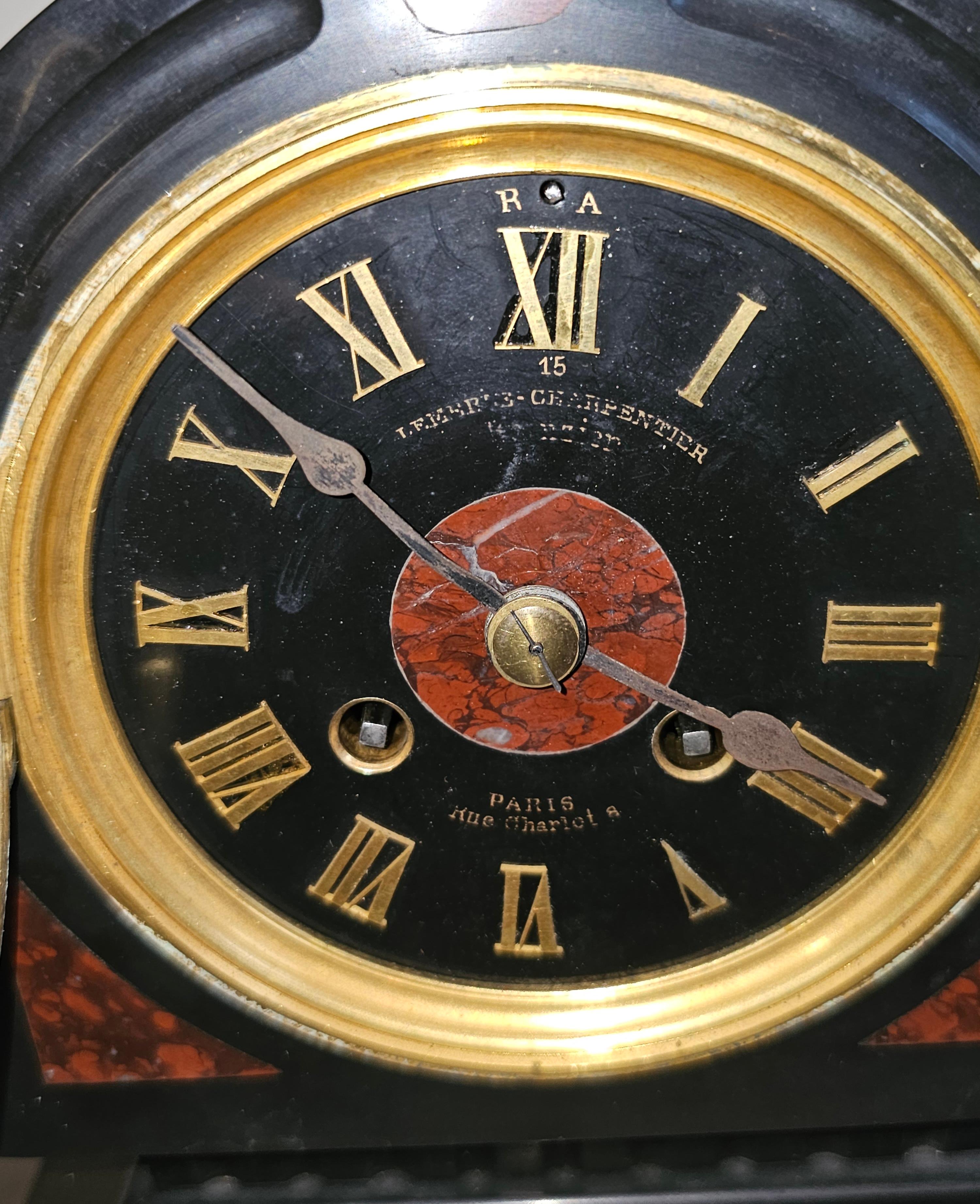 Uhren-Garnitur-Set aus Bronze, Goldbronze, Goldbronze und rotem Marmor, Lemerle-Charpentier, 19. Jahrhundert (Französisch) im Angebot