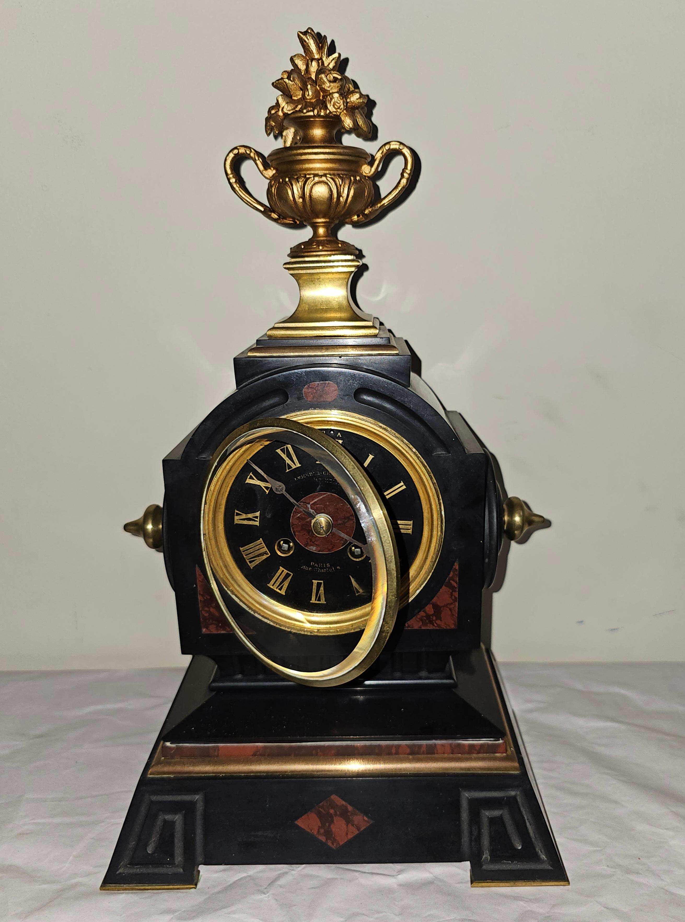 Uhren-Garnitur-Set aus Bronze, Goldbronze, Goldbronze und rotem Marmor, Lemerle-Charpentier, 19. Jahrhundert im Angebot 2