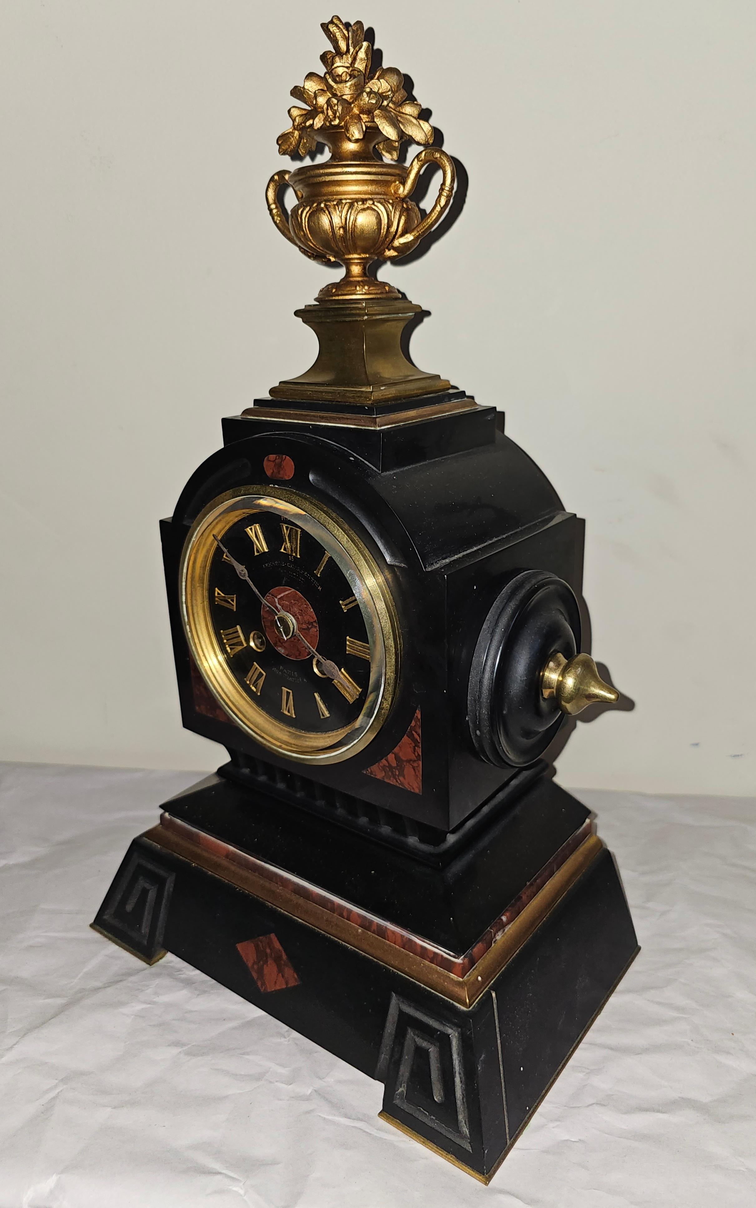 19th C. Lemerle-Charpentier Bronze Ormolu and Red Marble Clock Garniture Set For Sale 2