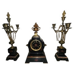 19th C. Lemerle-Charpentier Bronze Ormolu and Red Marble Clock Garniture Set