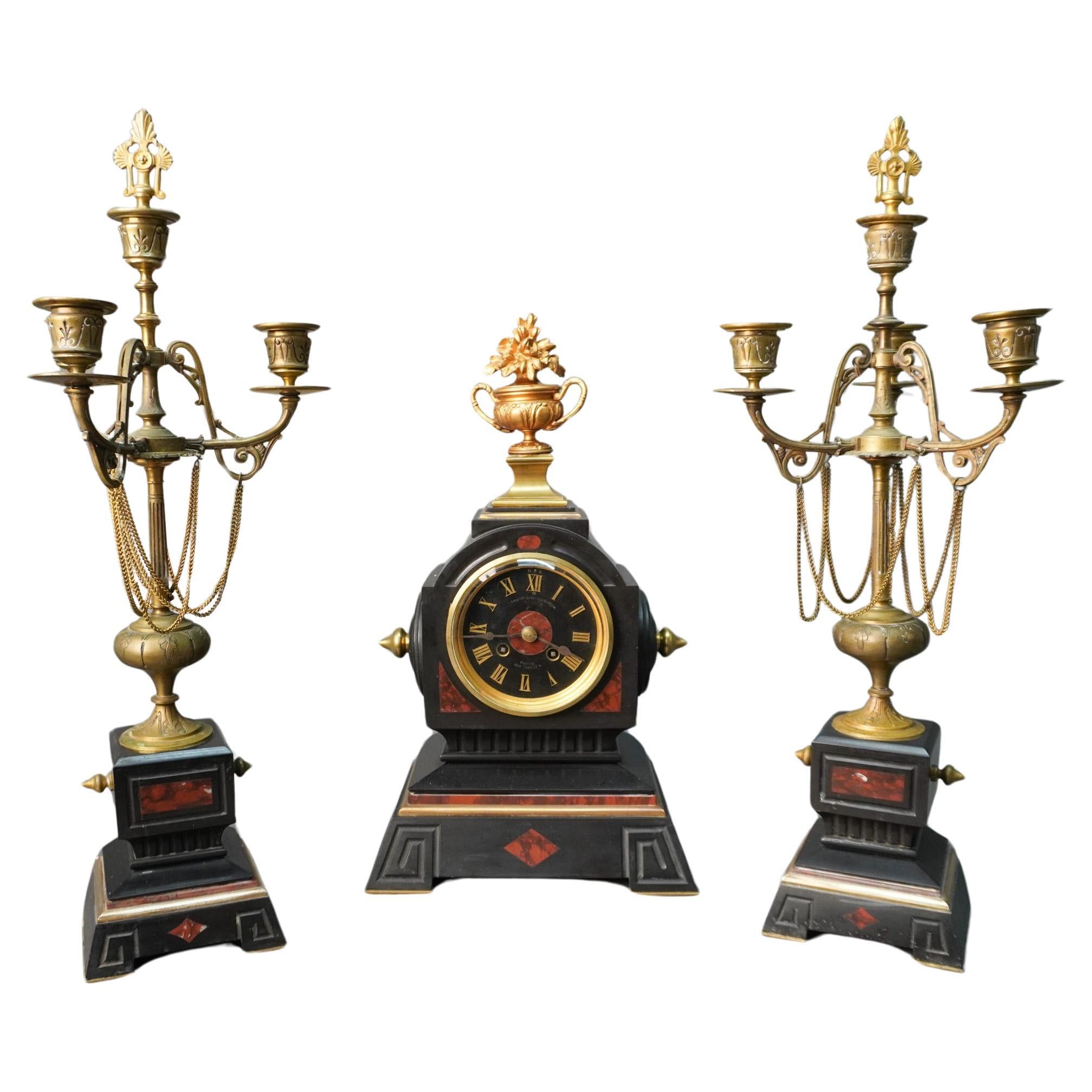 19th C. Lemerle-Charpentier Bronze Ormolu and Red Marble Clock Garniture Set For Sale