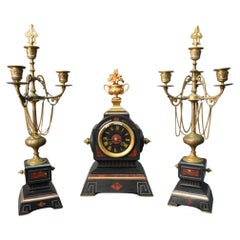 Antique 19th C. Lemerle-Charpentier Bronze Ormolu and Red Marble Clock Garniture Set