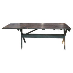 Antique 19th C Lg Saw Buck Table in Original Green Paint