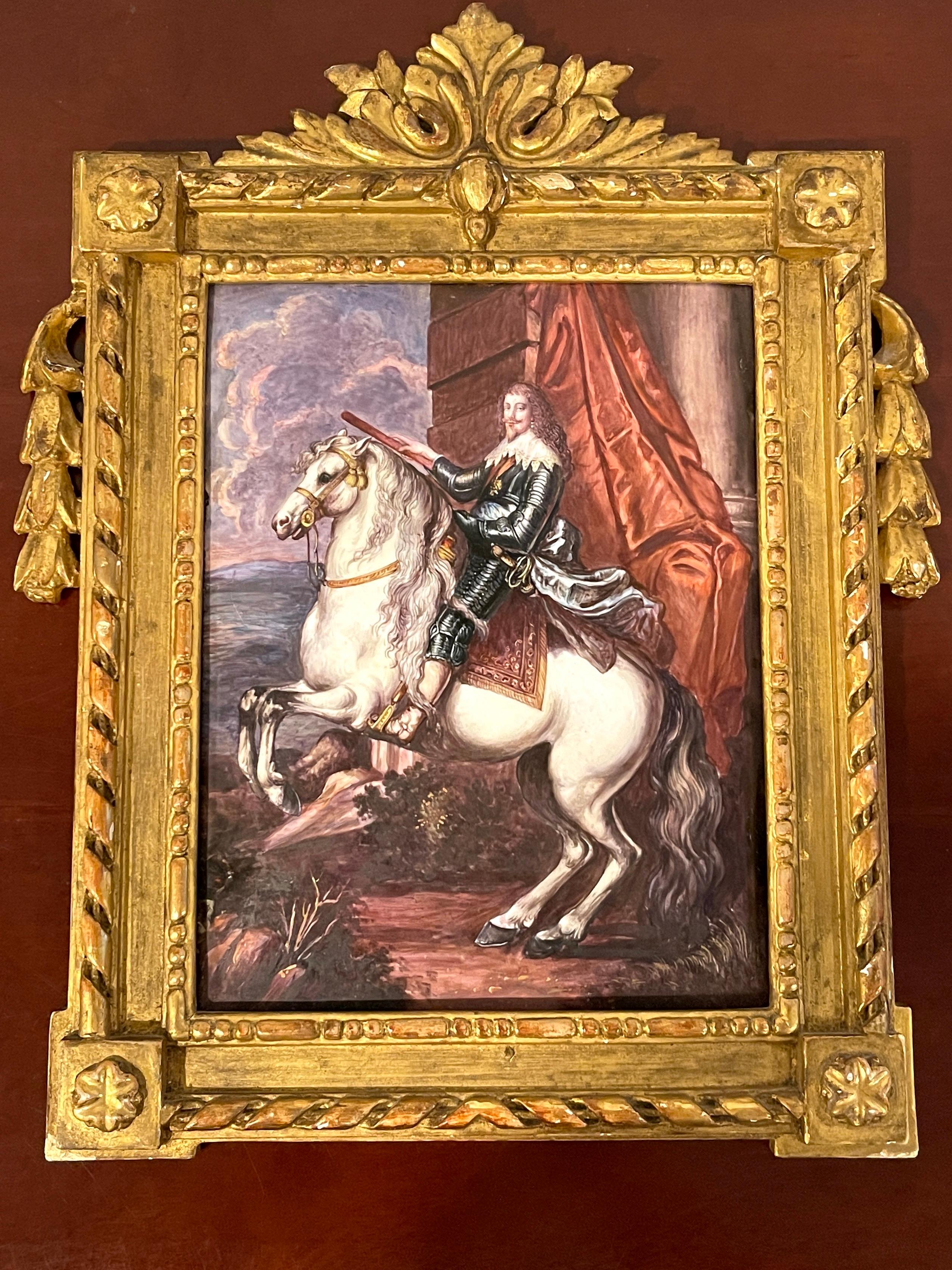 19th C Limoges Enamel of Thomas Francis, Prince of Carignano after van Dyck
A exquisite large Limoges enamel of the portrait of Thomas Francis, Prince of Carignano by Anthony van Dyck, 1634. In a finely carved giltwood frame. Unsigned. 
The