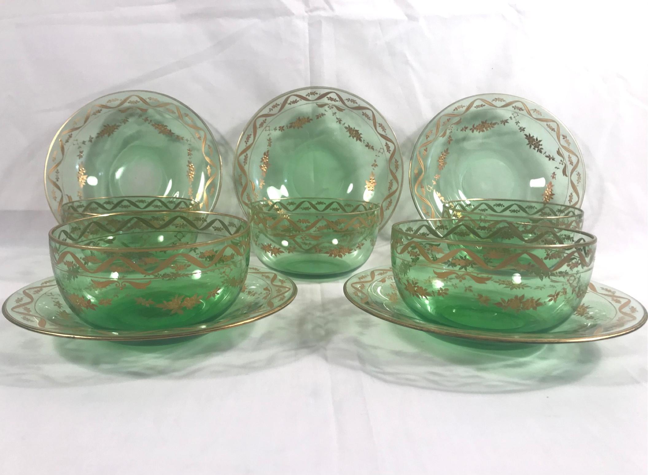 19th century Lobmeyr hand painted gold enameled emerald fruit bowls and under plates, set of 5

This late 19th century crystal is by J & L Lobmeyr of Vienna, Austria. All 5 bowls and 5 under plates are hand blown with polished pontils and