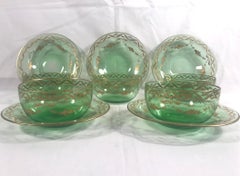 19th Century Lobmeyr Gold Enameled Emerald Fruit Bowls and Under Plates Set of 5