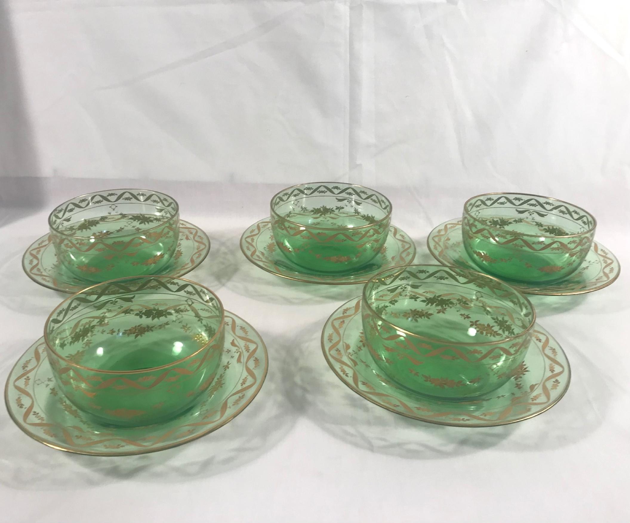 Rococo 19th Century Lobmeyr Gold Enameled Emerald Fruit Bowls and Under Plates Set of 5