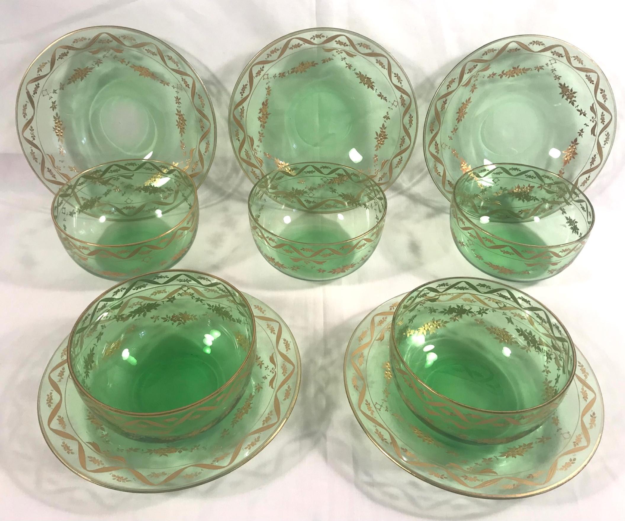 Austrian 19th Century Lobmeyr Gold Enameled Emerald Fruit Bowls and Under Plates Set of 5