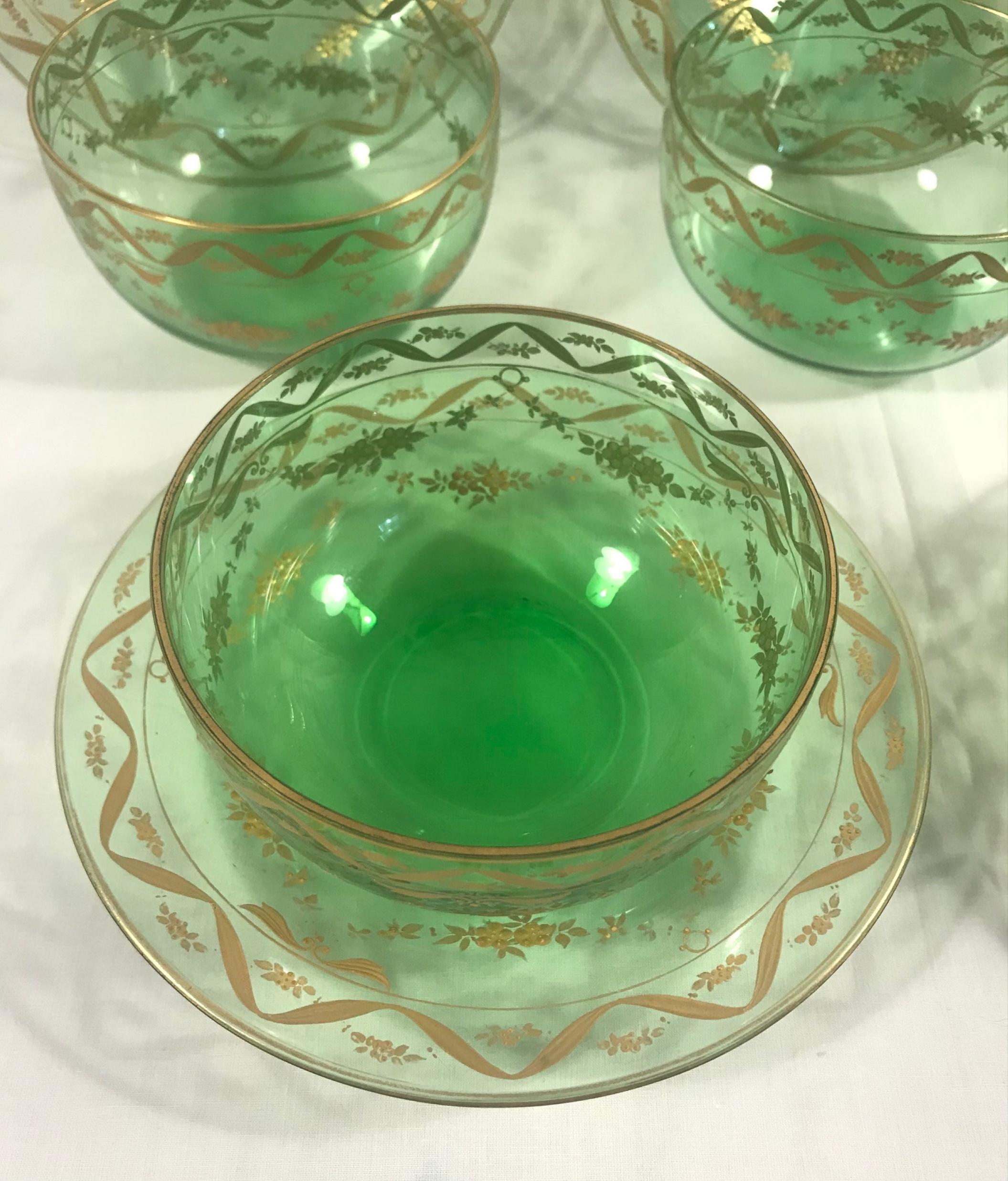 19th Century Lobmeyr Gold Enameled Emerald Fruit Bowls and Under Plates Set of 5 In Good Condition In Vero Beach, FL