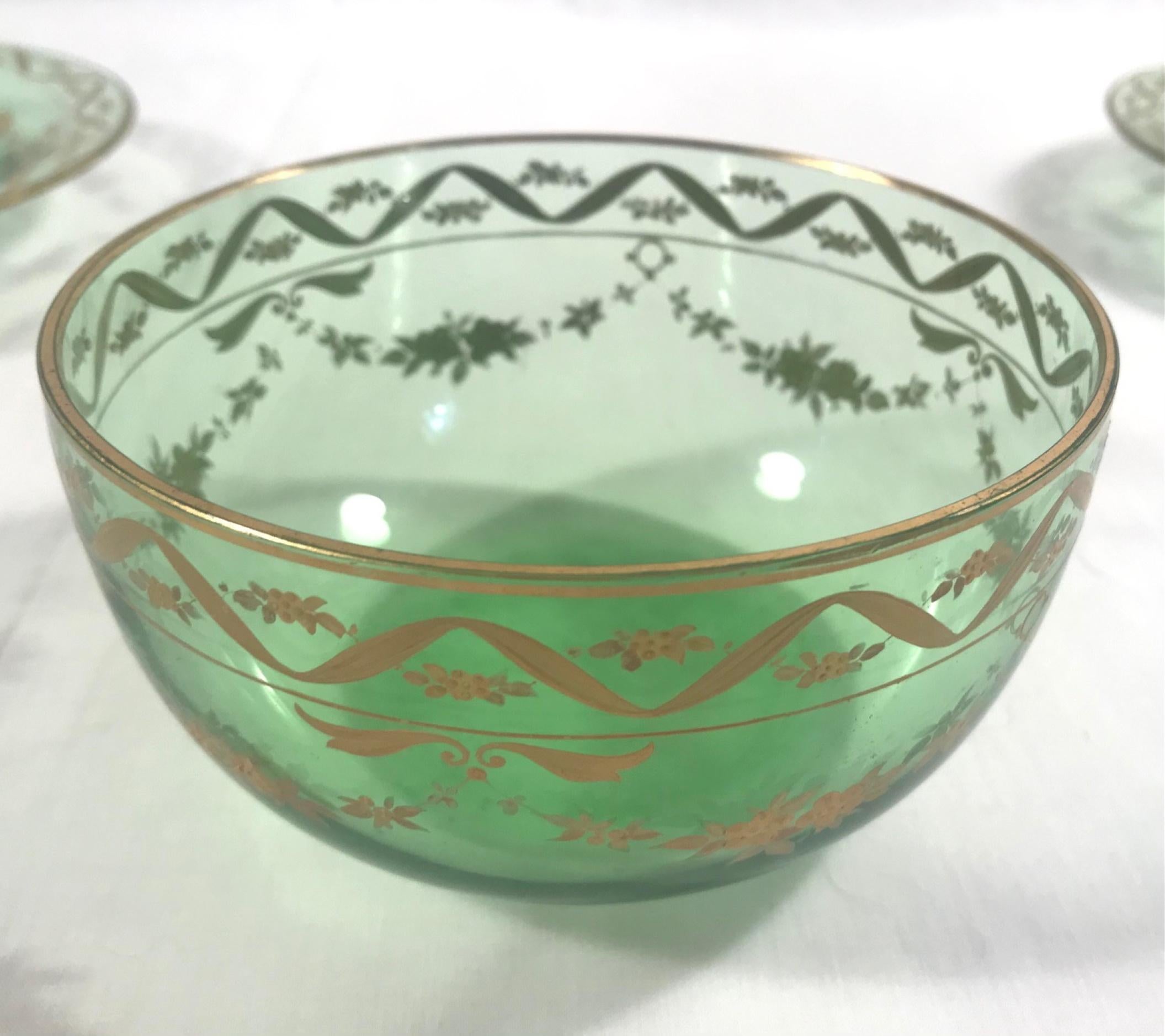 Blown Glass 19th Century Lobmeyr Gold Enameled Emerald Fruit Bowls and Under Plates Set of 5
