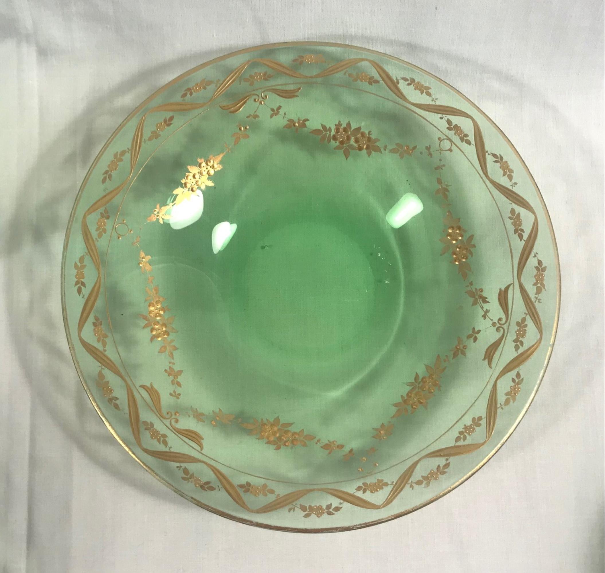 19th Century Lobmeyr Gold Enameled Emerald Fruit Bowls and Under Plates Set of 5 1