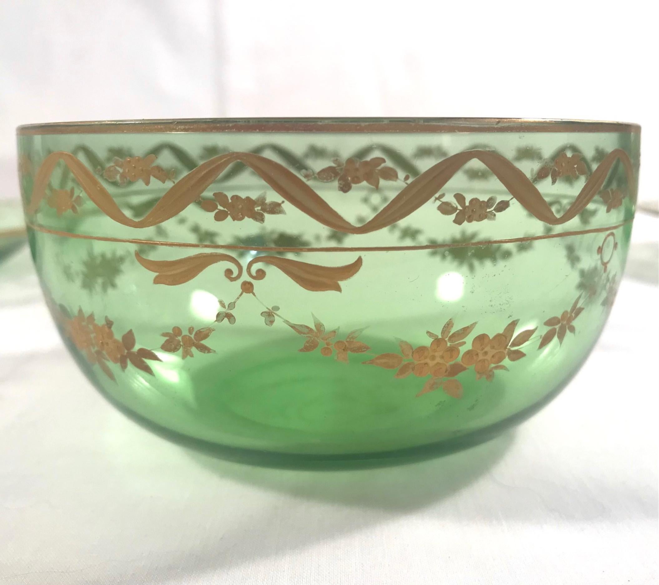 19th Century Lobmeyr Gold Enameled Emerald Fruit Bowls and Under Plates Set of 5 2