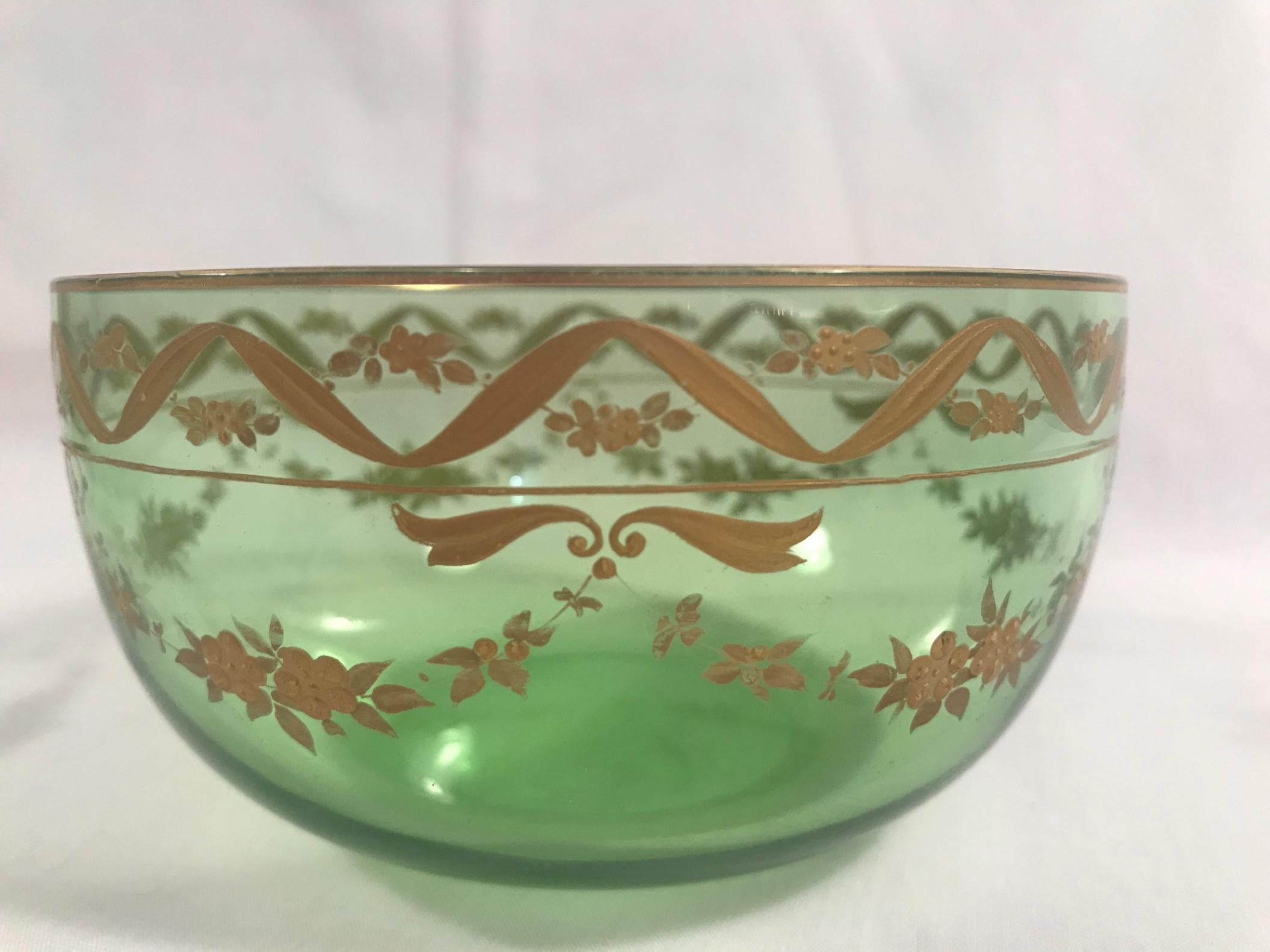 19th Century Lobmeyr Gold Enameled Emerald Fruit Bowls and Under Plates Set of 5 3