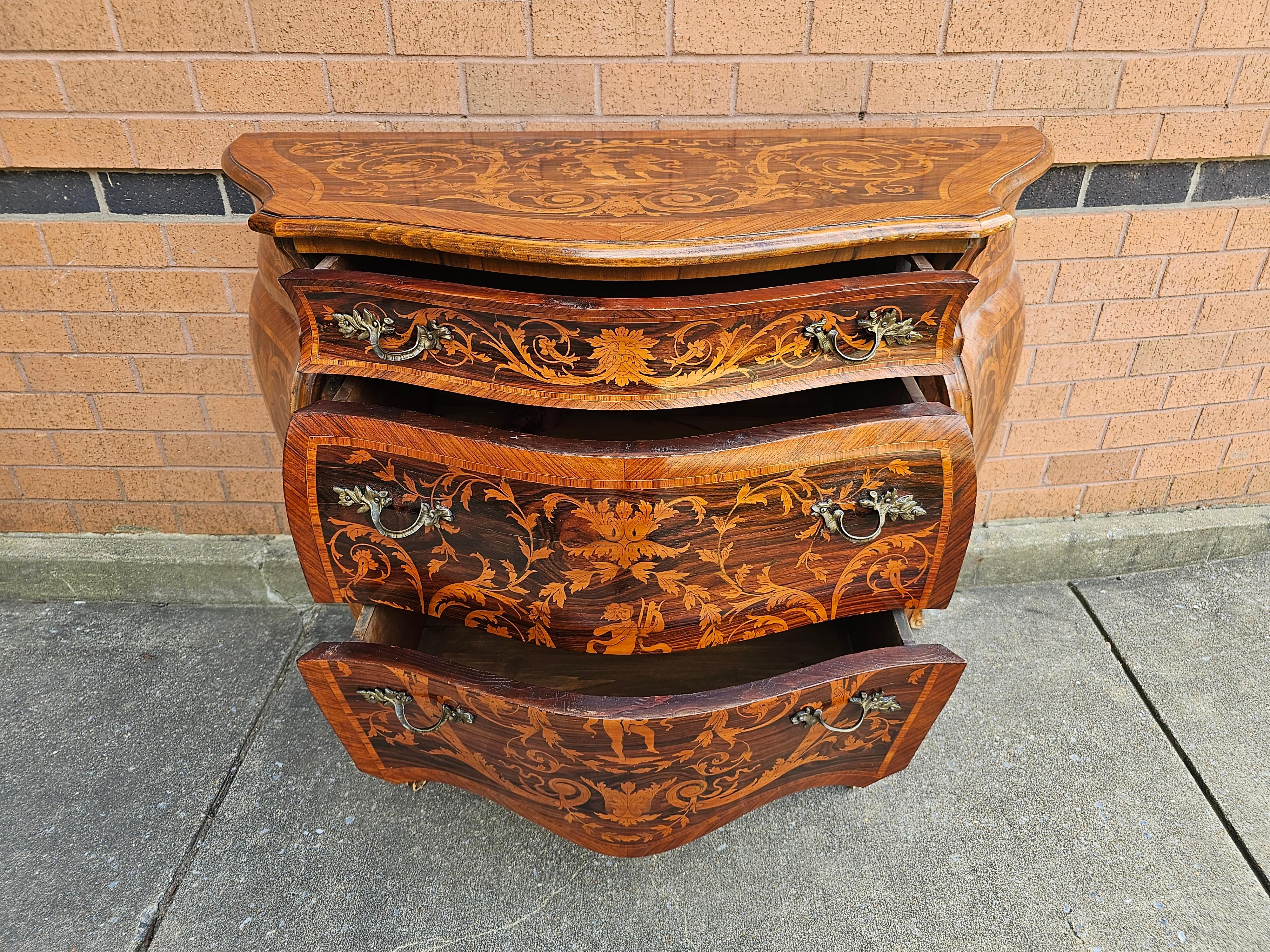 19th C. Lombard Italian Rococo Marquetry Kingwood and Tulipwood Bombé Commode For Sale 6