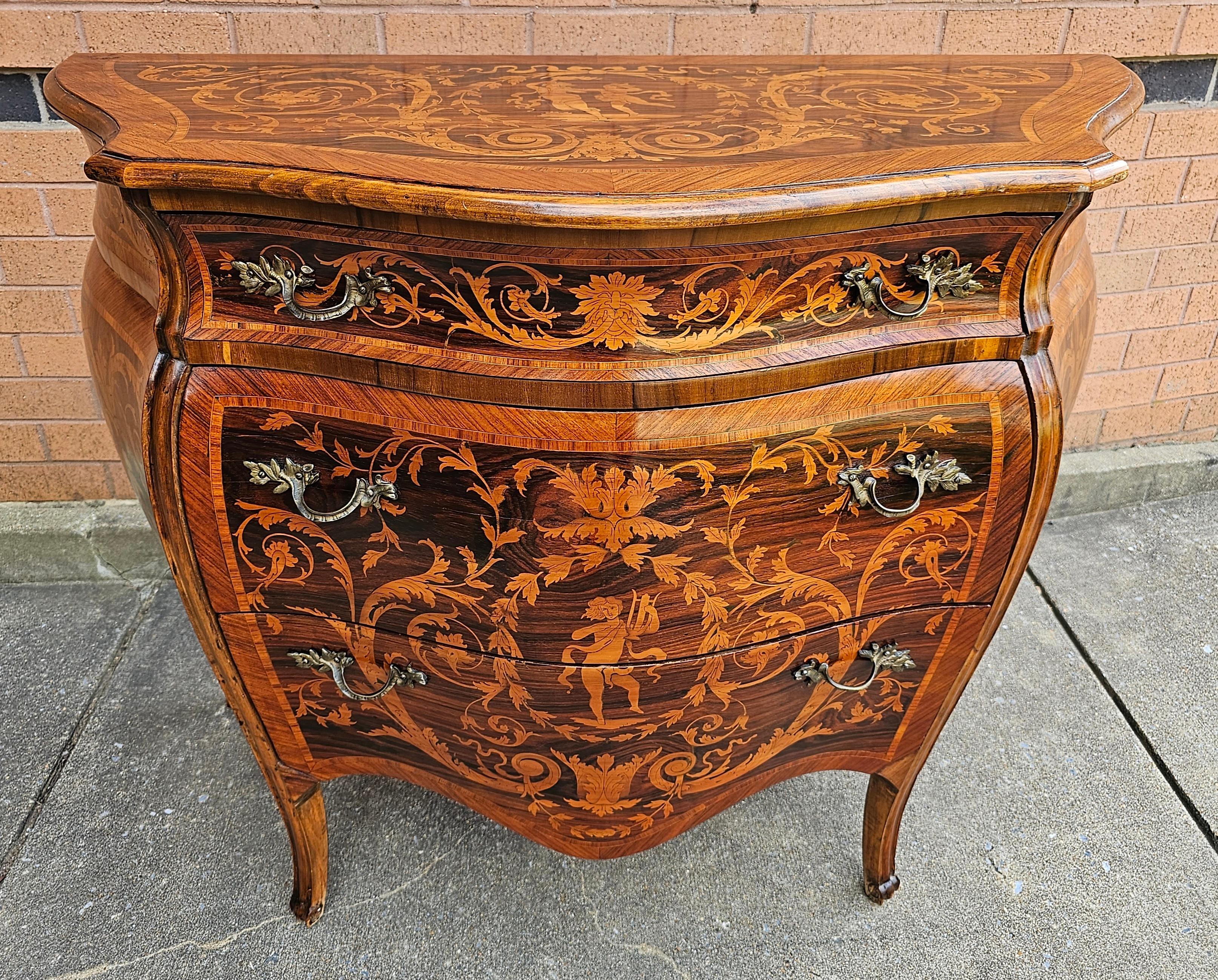 Dutch Colonial 19th C. Lombard Italian Rococo Marquetry Kingwood and Tulipwood Bombé Commode For Sale