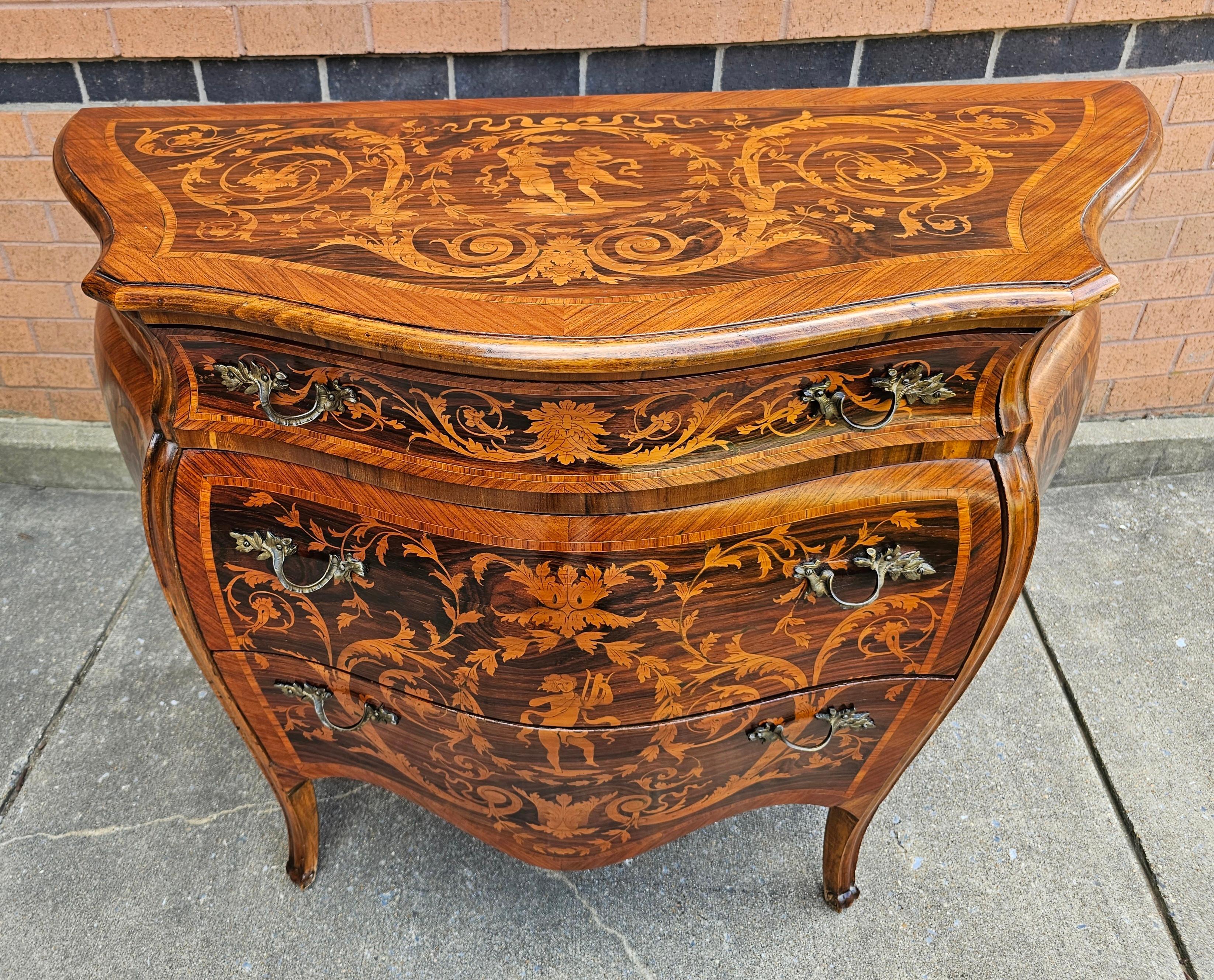 19th Century 19th C. Lombard Italian Rococo Marquetry Kingwood and Tulipwood Bombé Commode For Sale