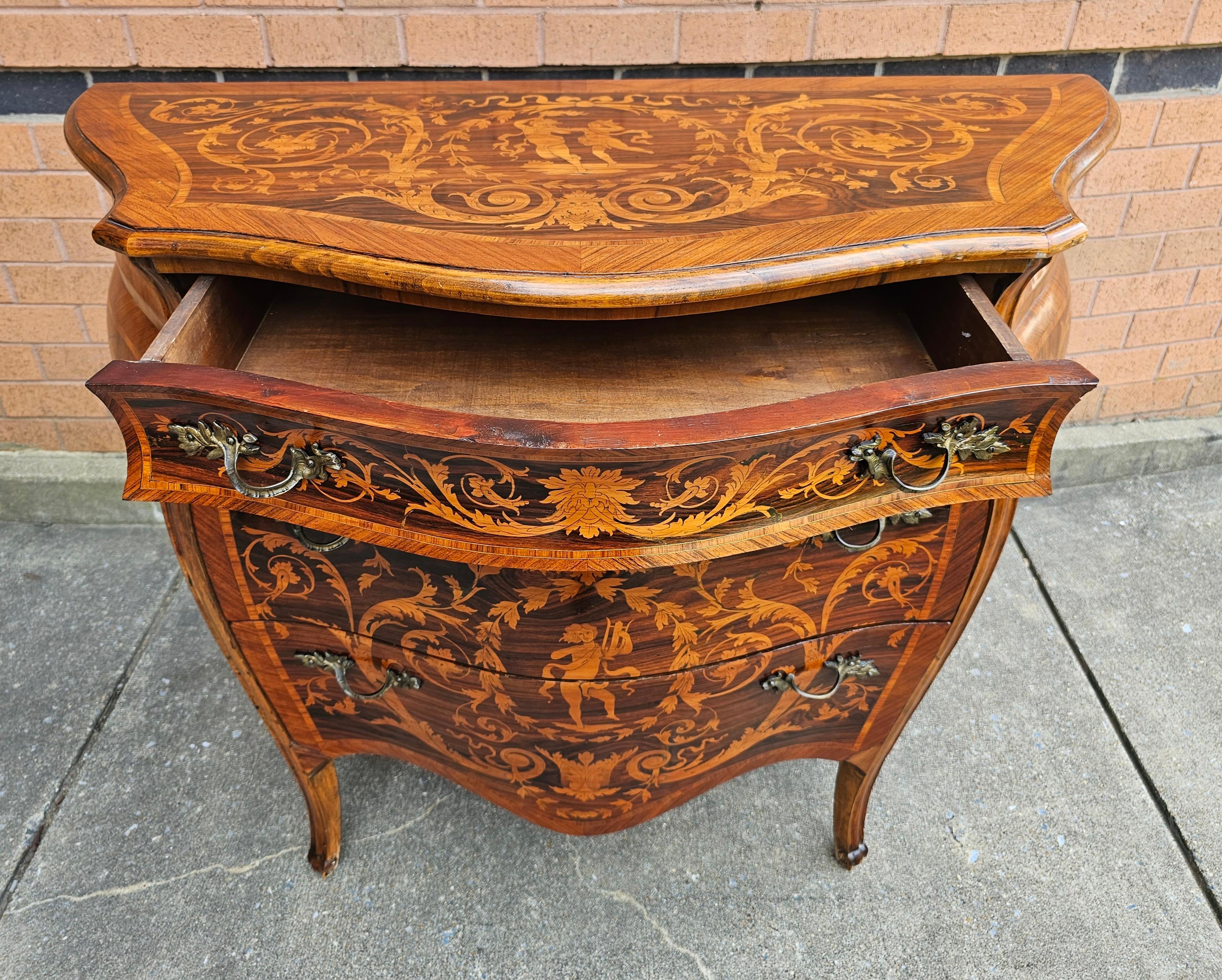 19th C. Lombard Italian Rococo Marquetry Kingwood and Tulipwood Bombé Commode For Sale 3