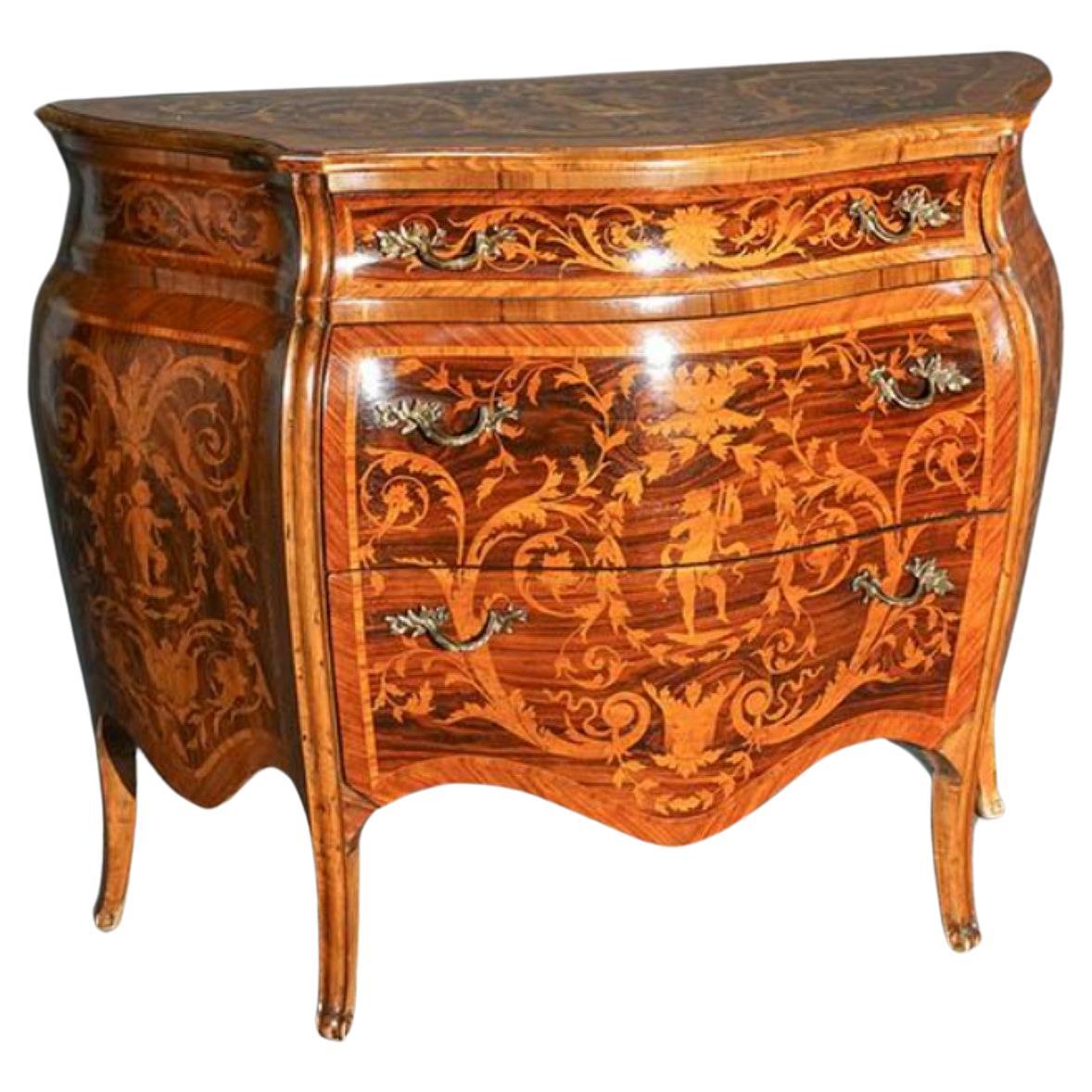 19th C. Lombard Italian Rococo Marquetry Kingwood and Tulipwood Bombé Commode For Sale