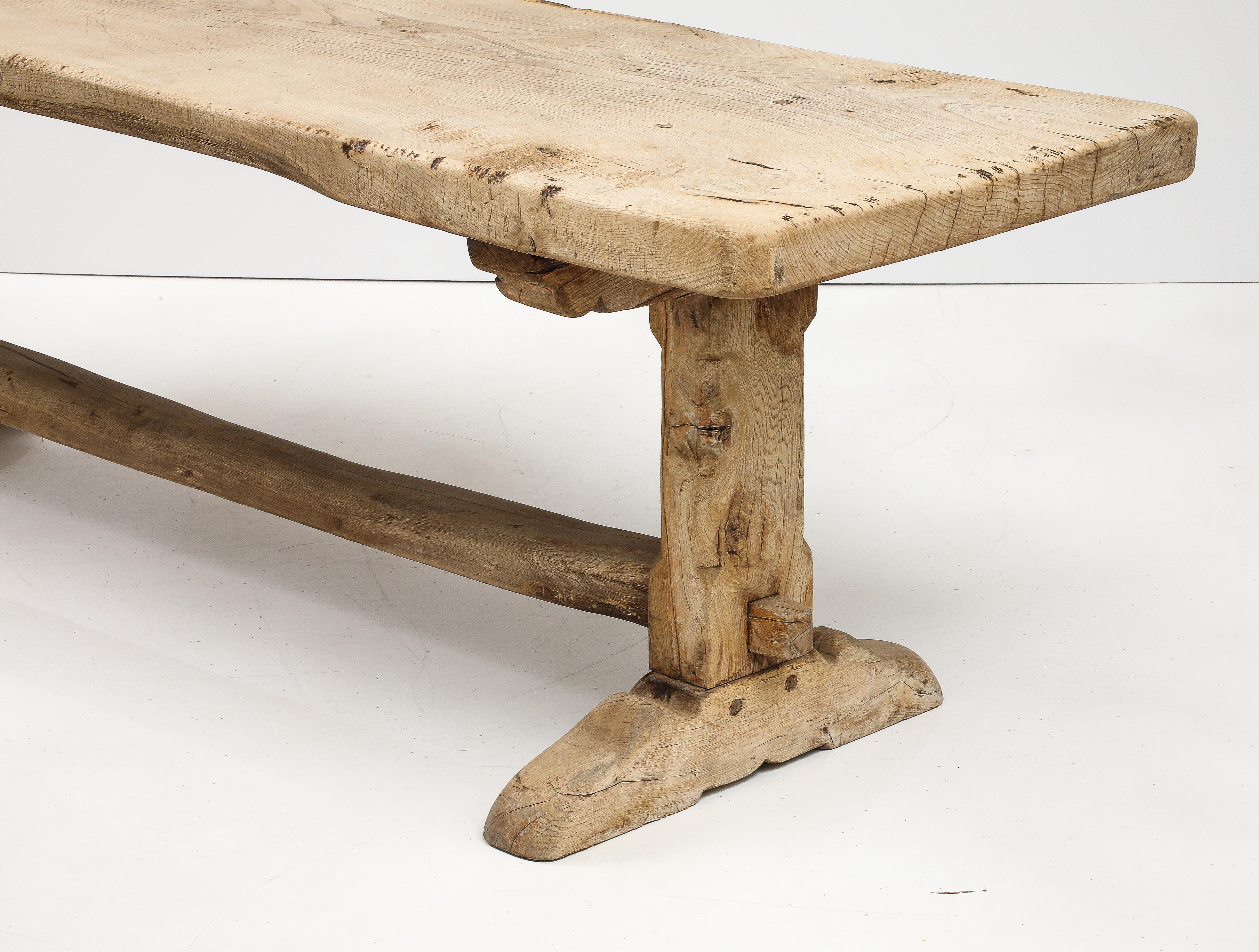 19th C. Long French Elm Trestle Console Dining Table with Thick Top For Sale 5