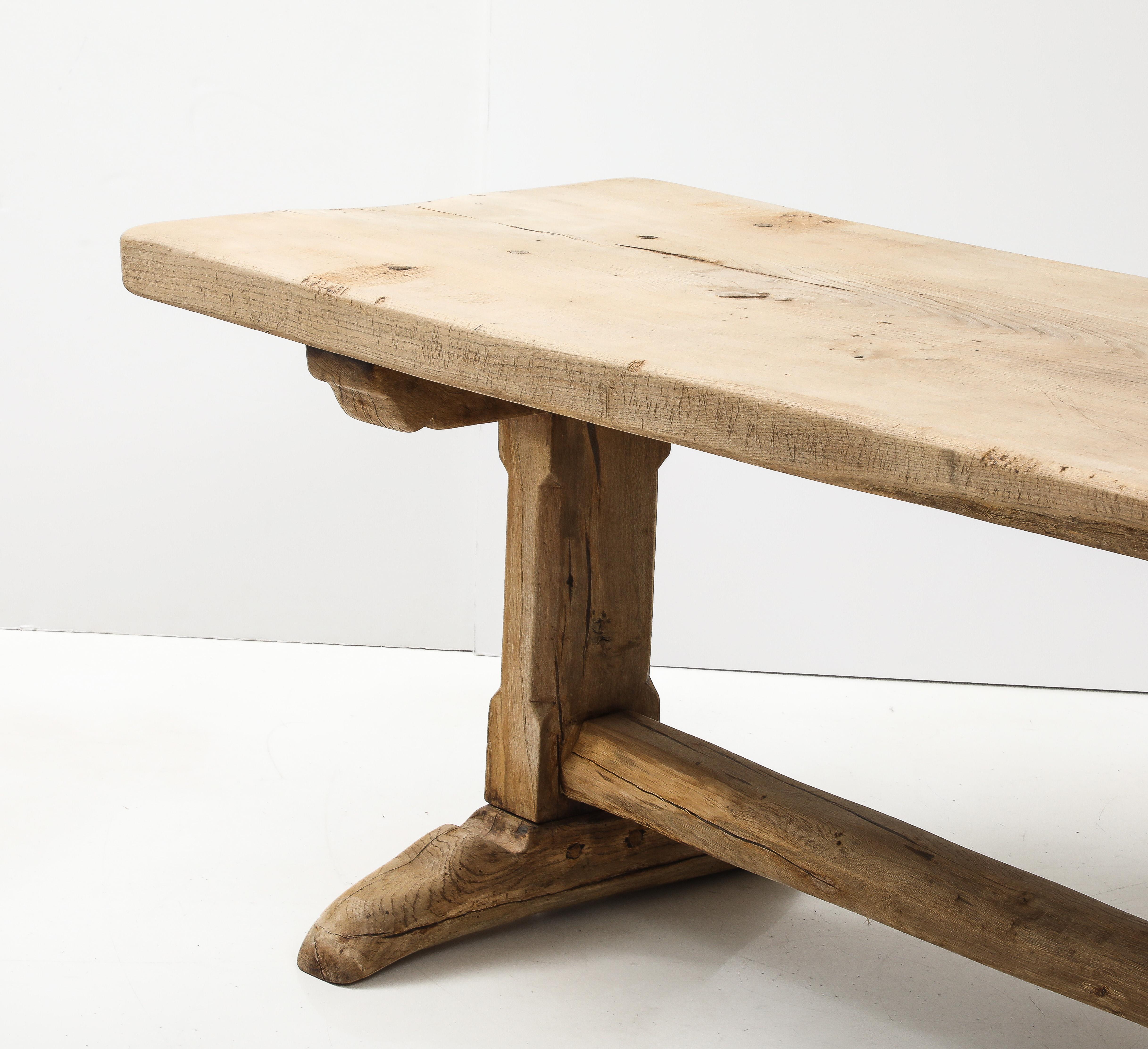19th C. Long French Elm Trestle Console Dining Table with Thick Top For Sale 6