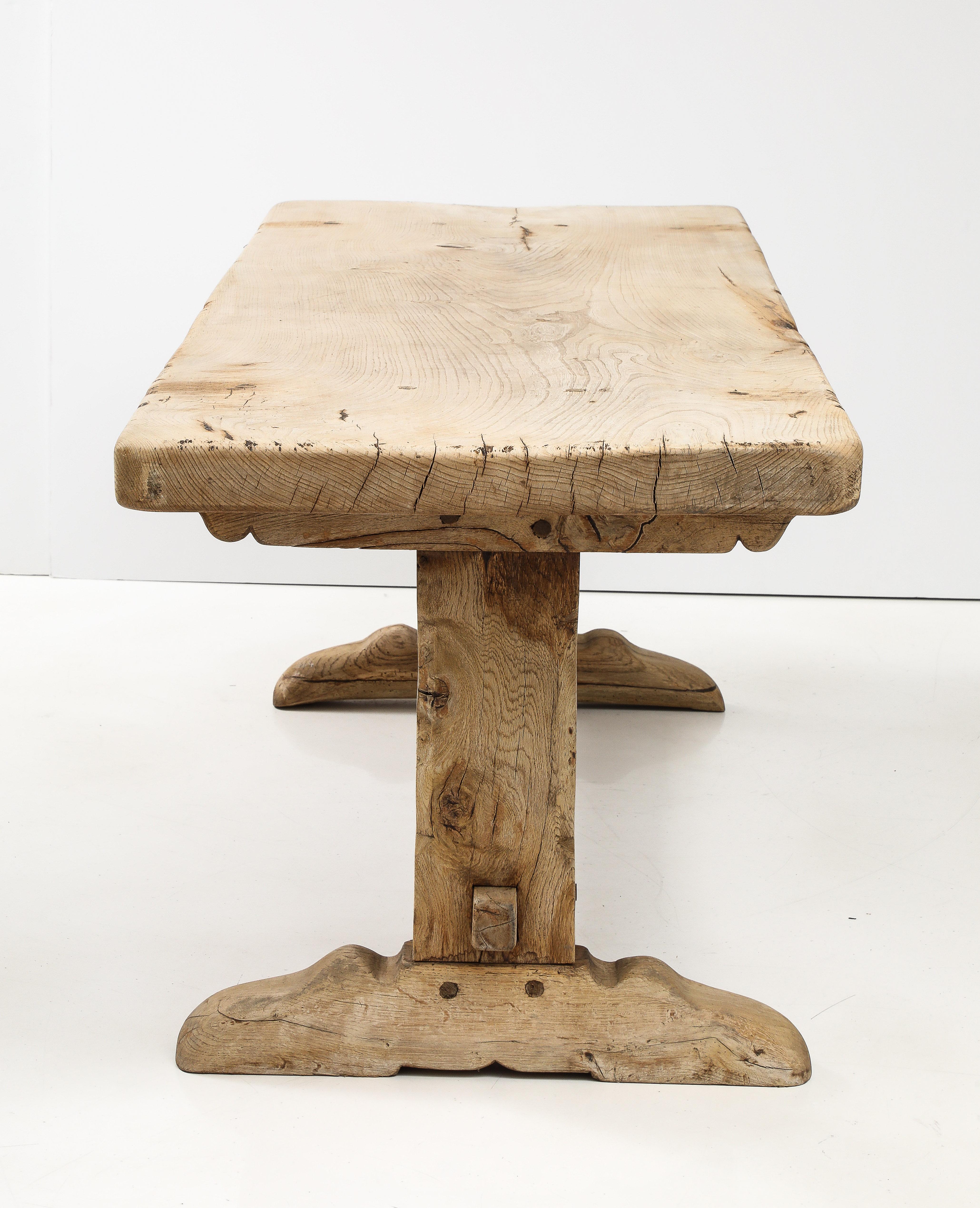 19th C. Long French Elm Trestle Console Dining Table with Thick Top For Sale 7