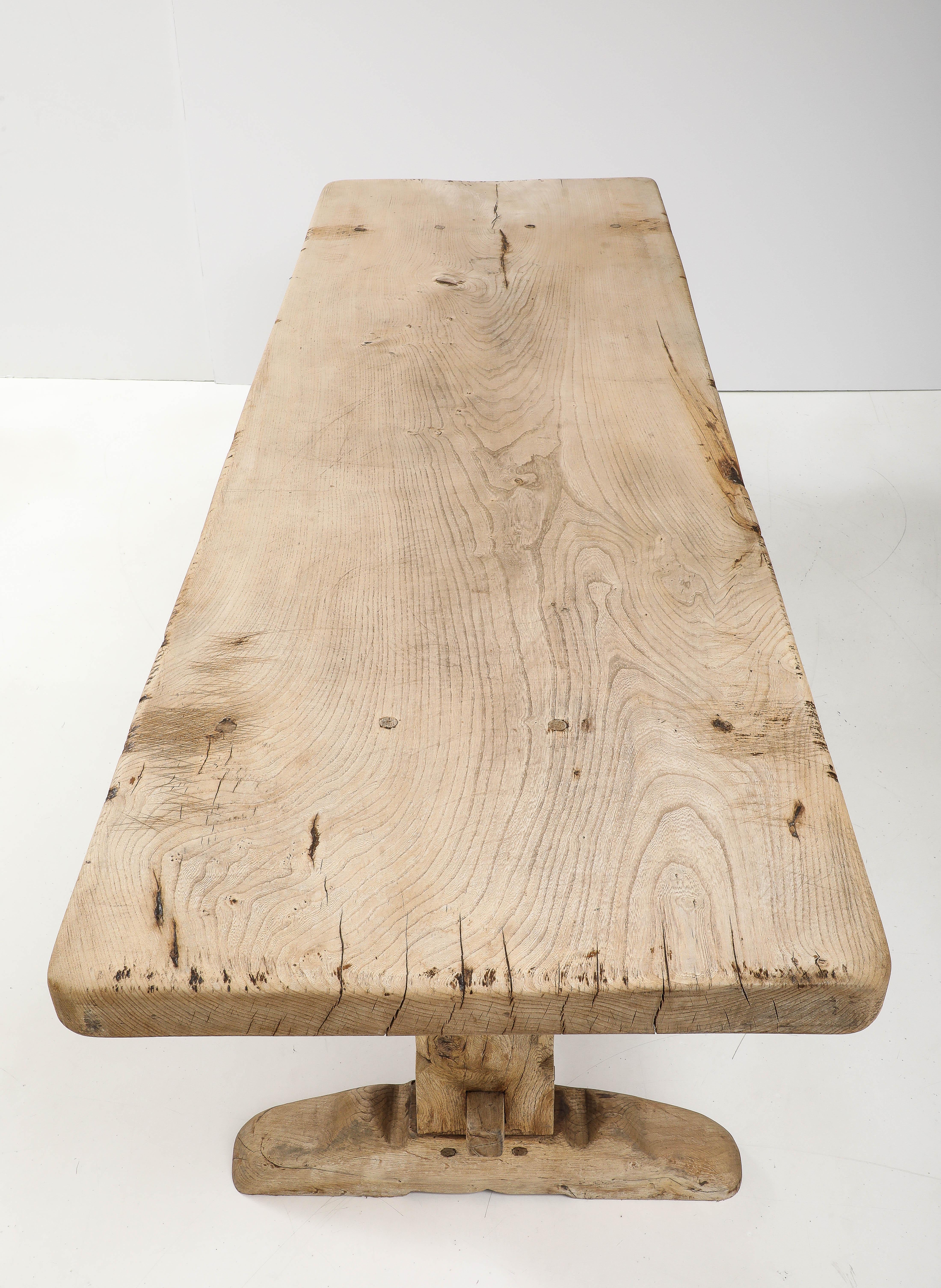 19th C. Long French Elm Trestle Console Dining Table with Thick Top For Sale 9