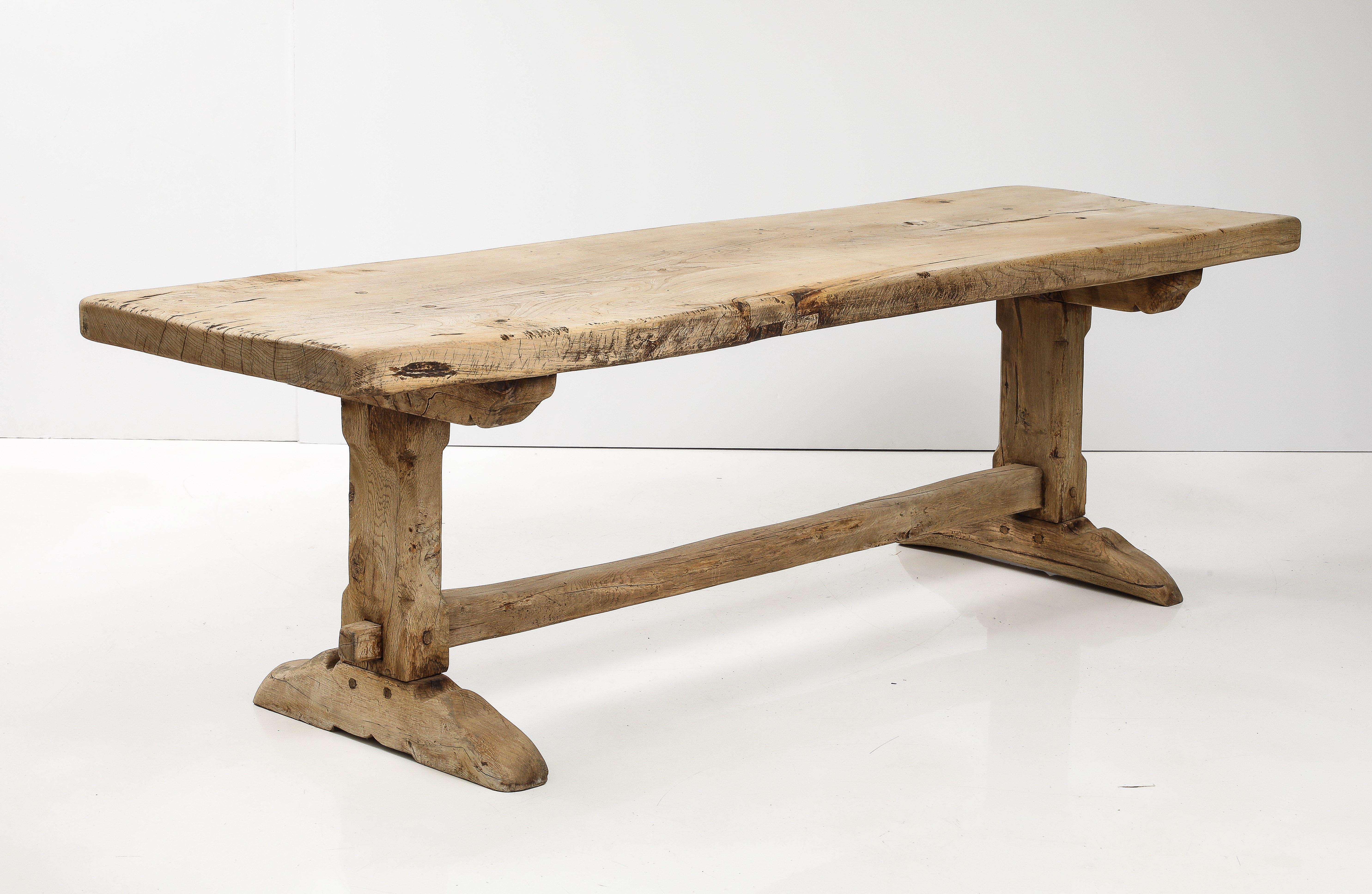 19th C. Long French Elm Trestle Console Dining Table with Thick Top For Sale 12