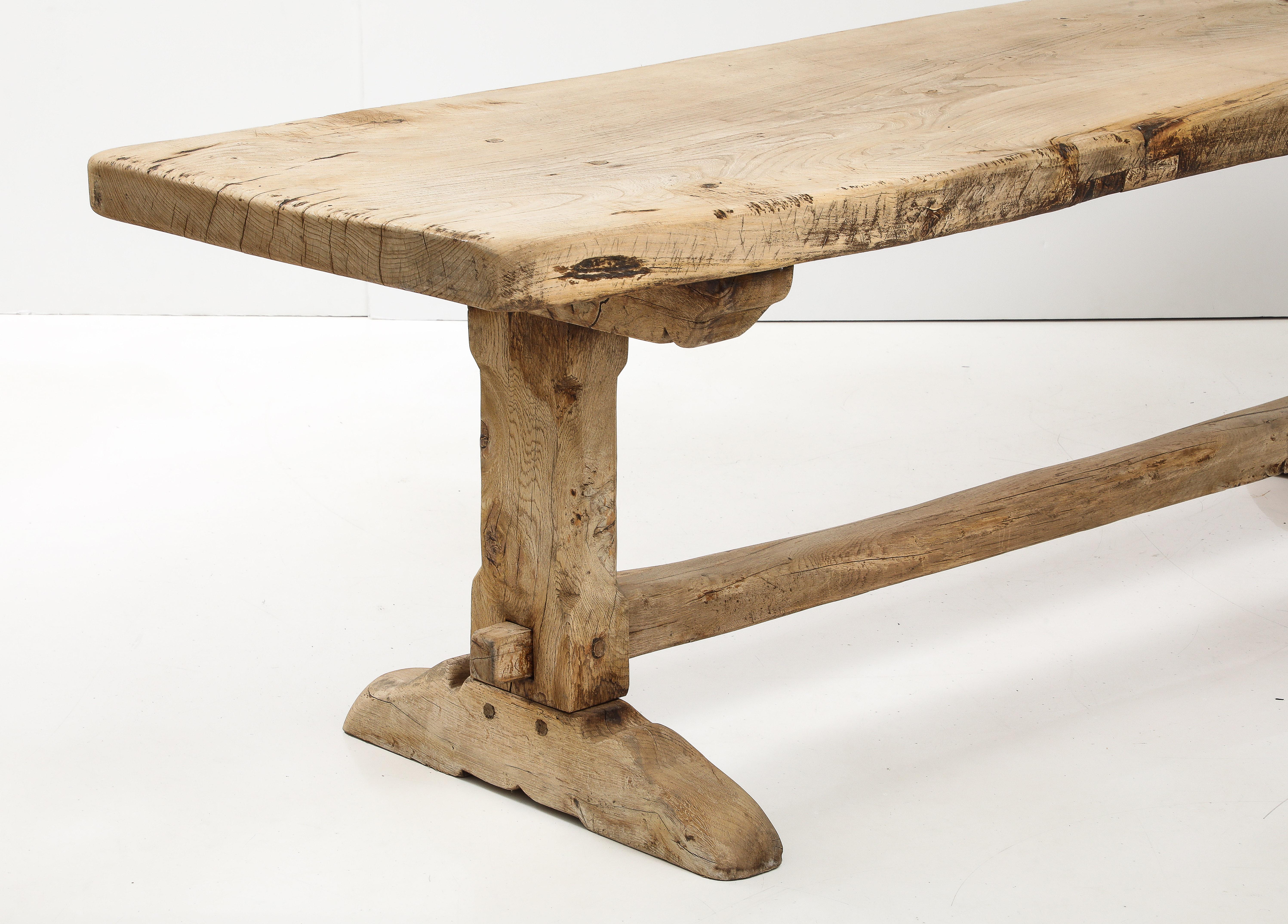 19th C. Long French Elm Trestle Console Dining Table with Thick Top For Sale 13