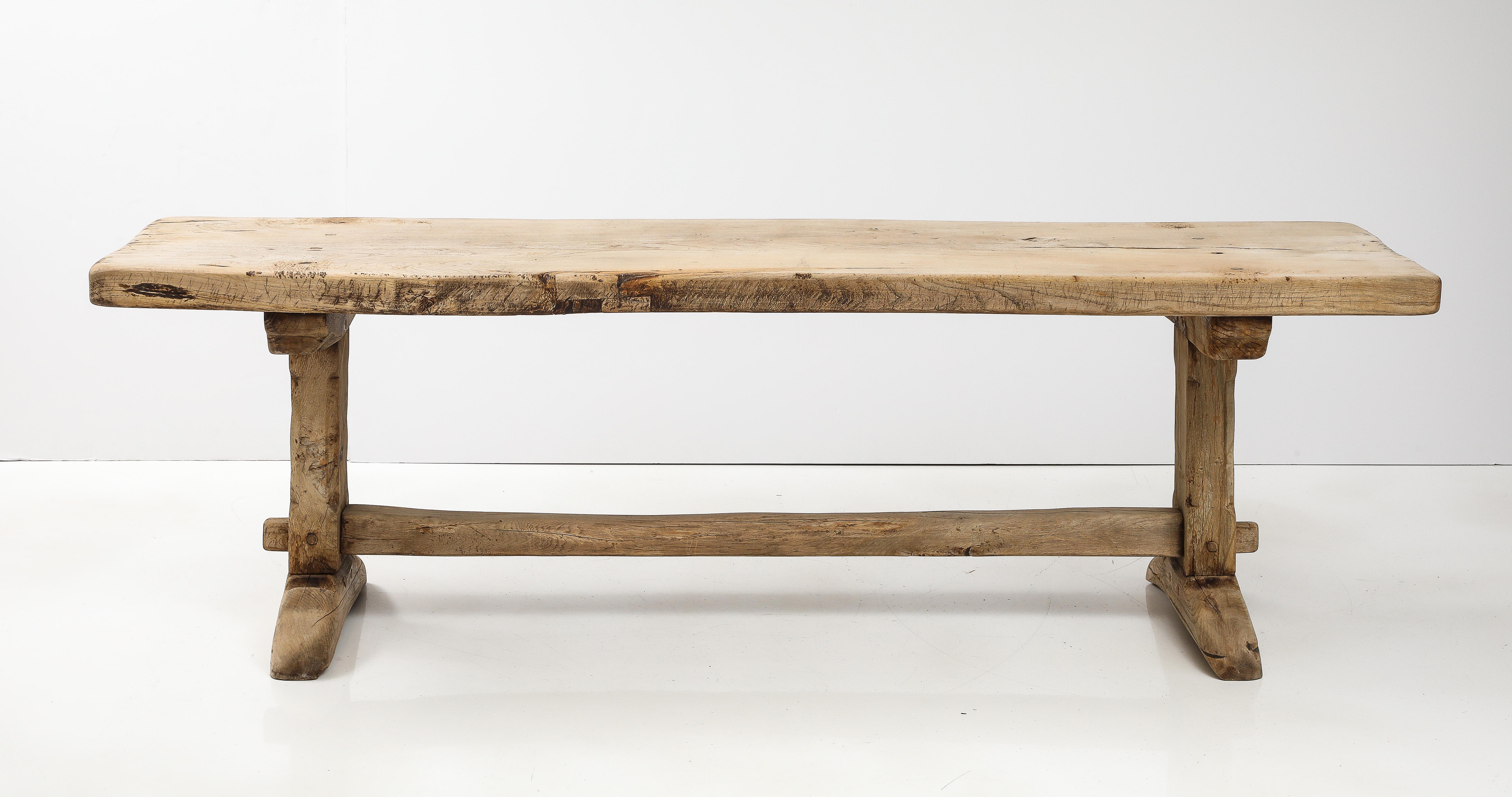 19th C. Long French Elm Trestle Console Dining Table with Thick Top For Sale 14