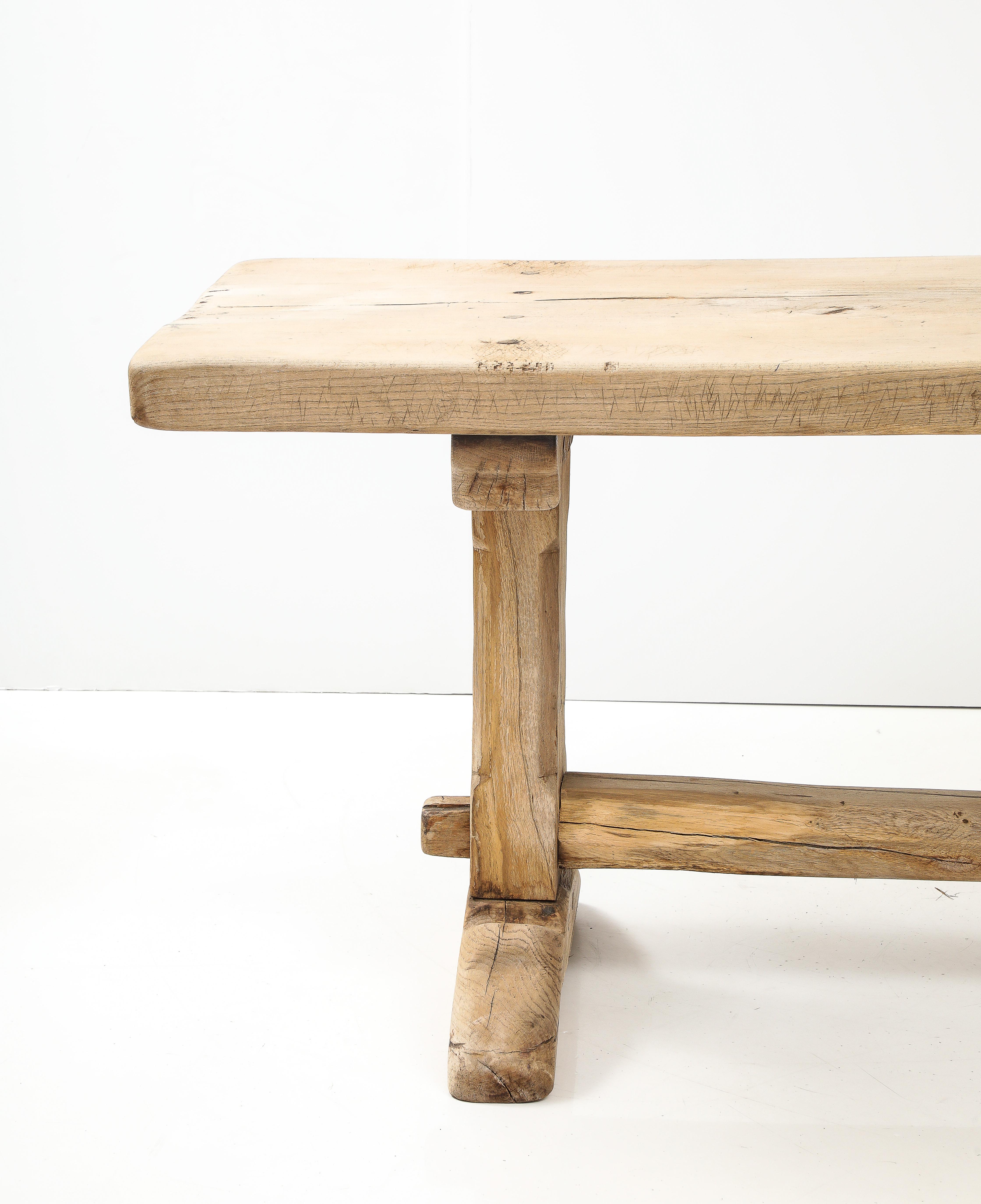 Country 19th C. Long French Elm Trestle Console Dining Table with Thick Top For Sale