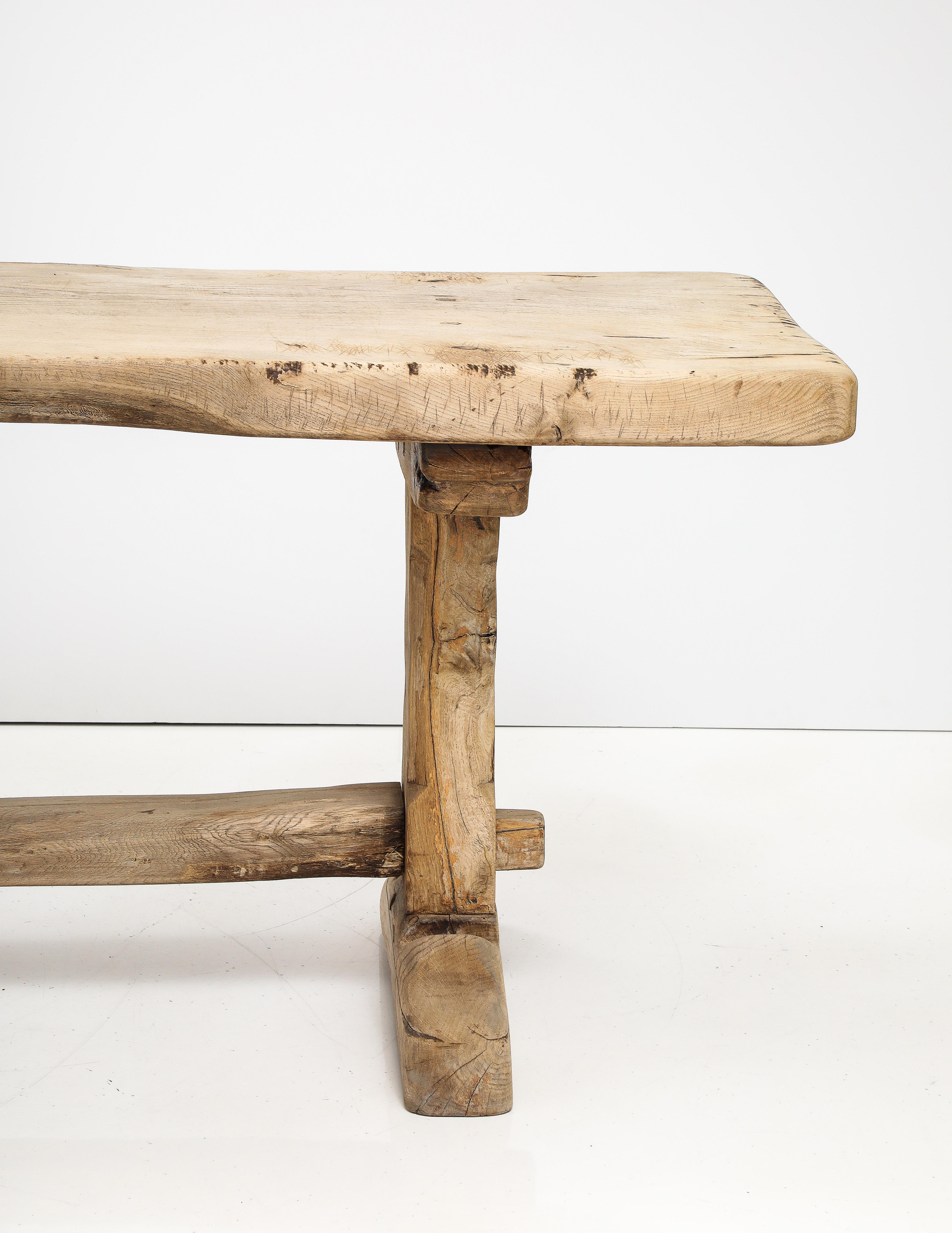 19th C. Long French Elm Trestle Console Dining Table with Thick Top In Good Condition For Sale In Brooklyn, NY