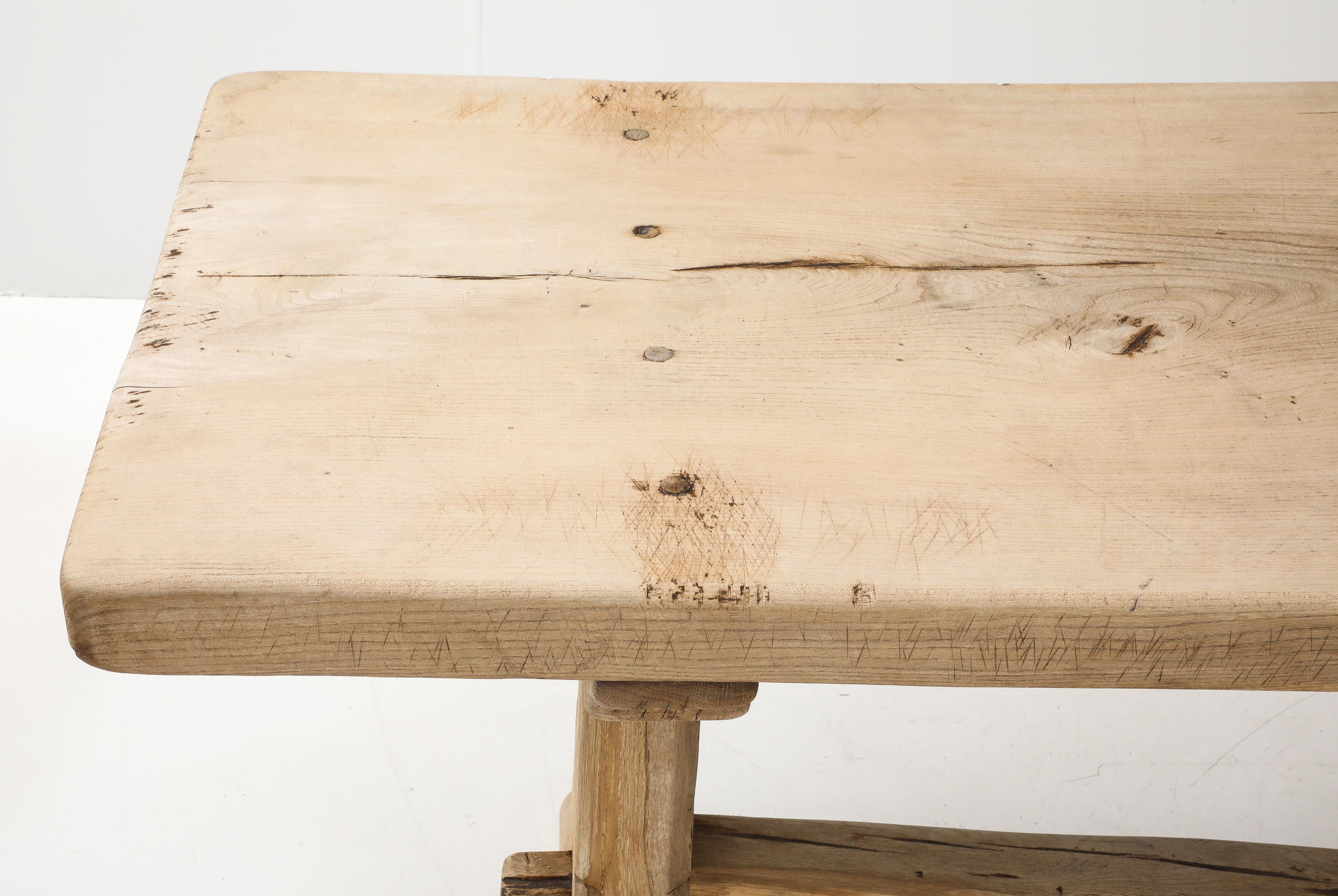 19th Century 19th C. Long French Elm Trestle Console Dining Table with Thick Top For Sale