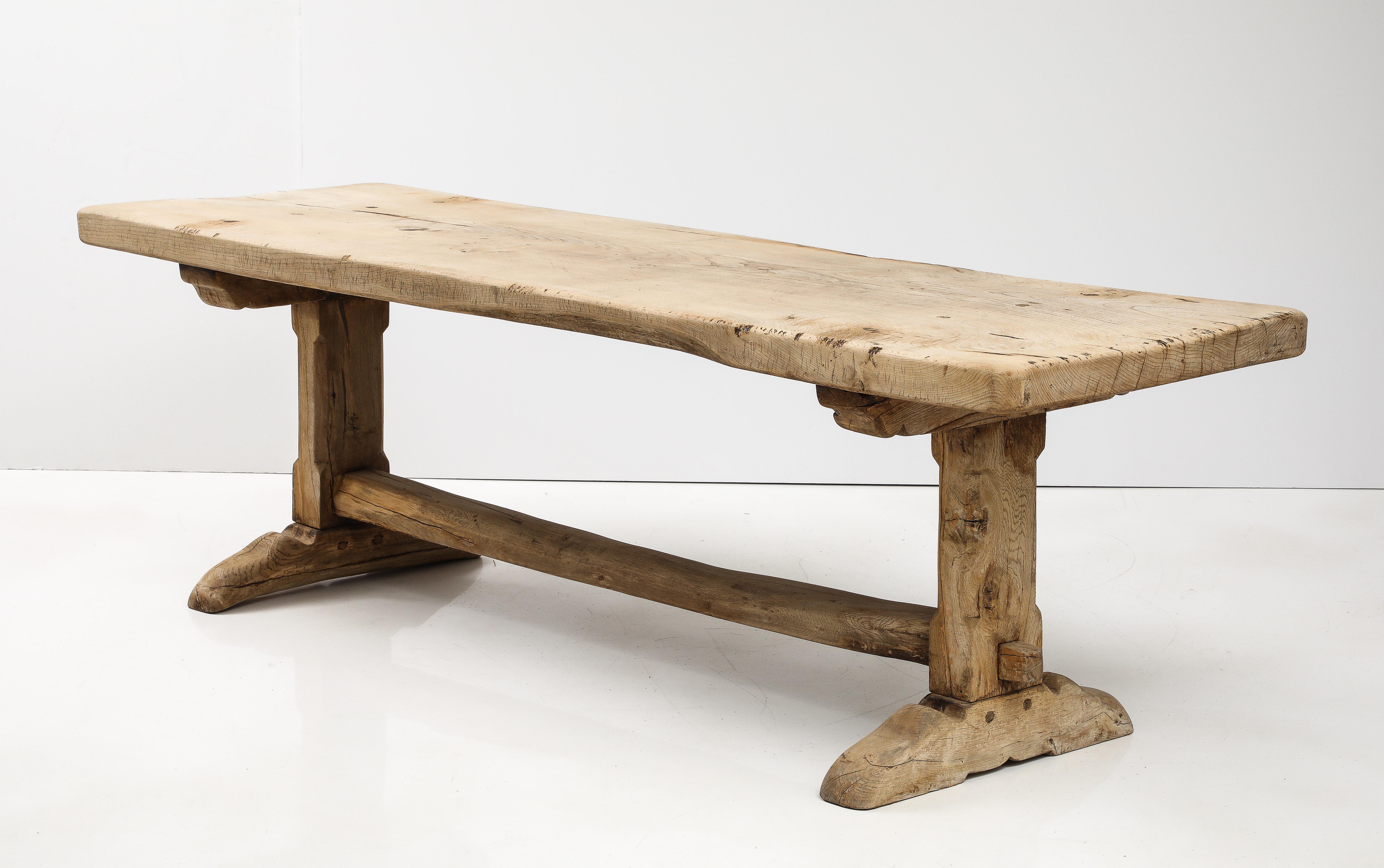 19th C. Long French Elm Trestle Console Dining Table with Thick Top For Sale 3
