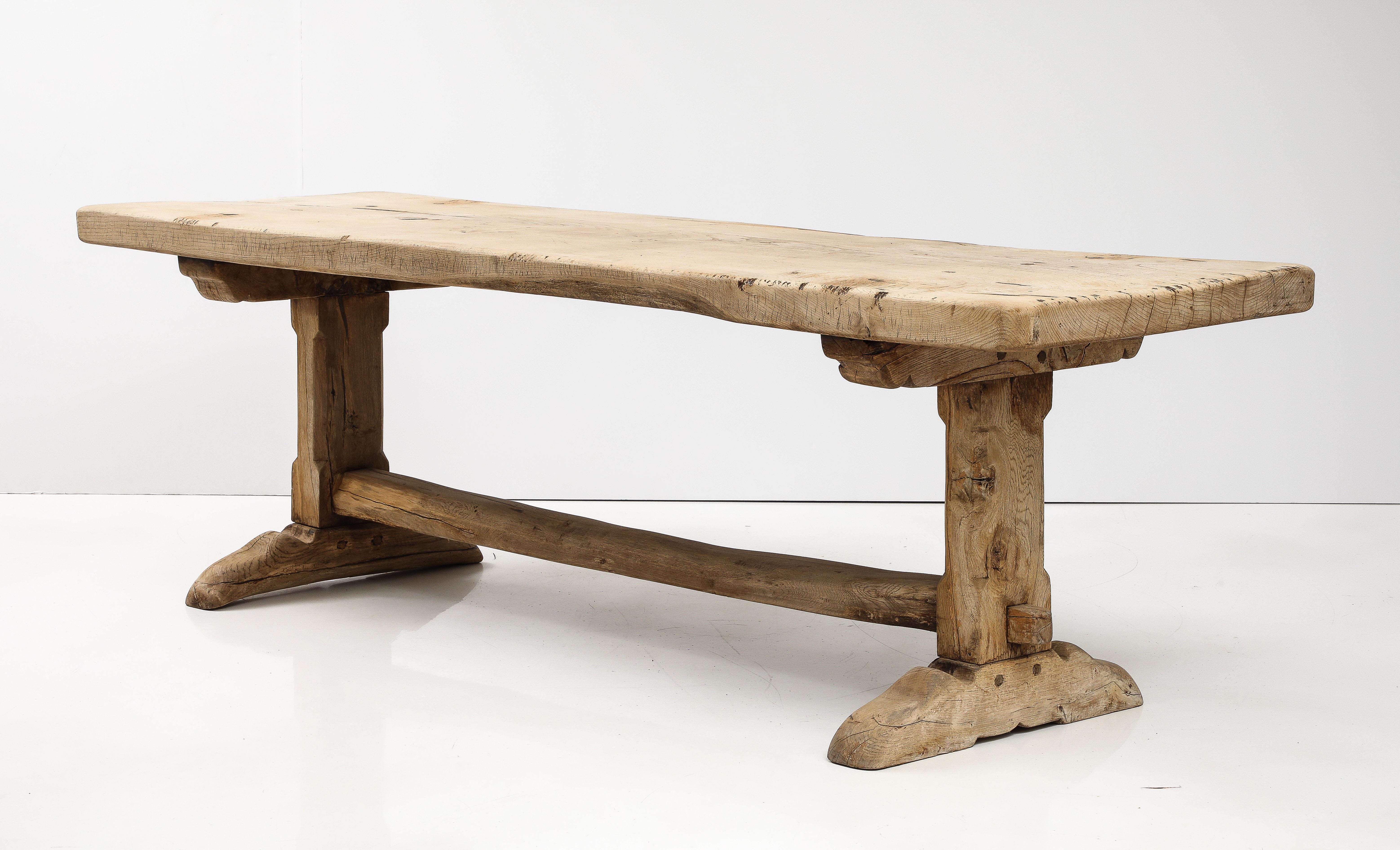 19th C. Long French Elm Trestle Console Dining Table with Thick Top For Sale 4