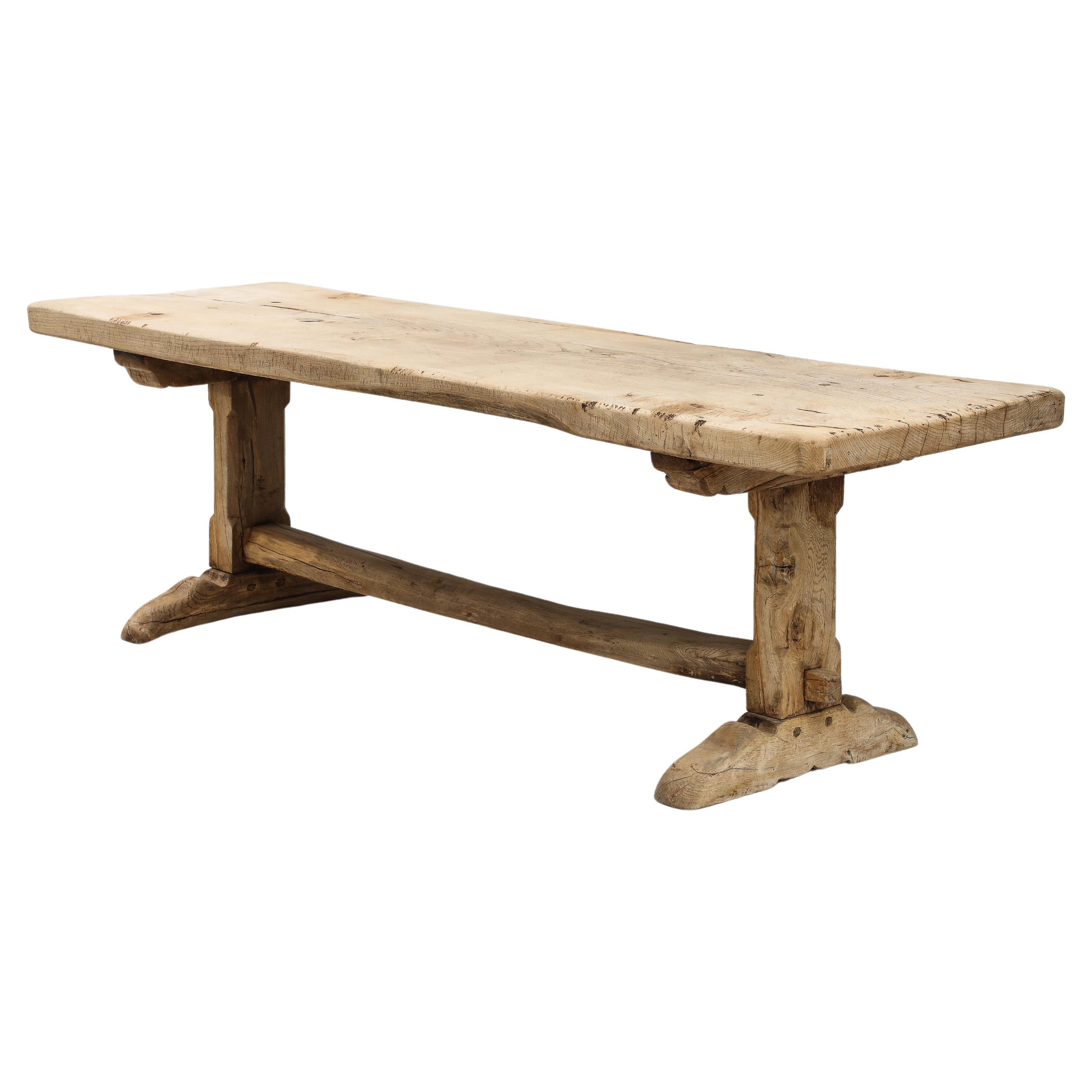 19th C. Long French Elm Trestle Console Dining Table with Thick Top For Sale