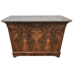 Antique 19th Century Louis Philippe Burr Walnut Marble Top Commode Chest of Drawers
