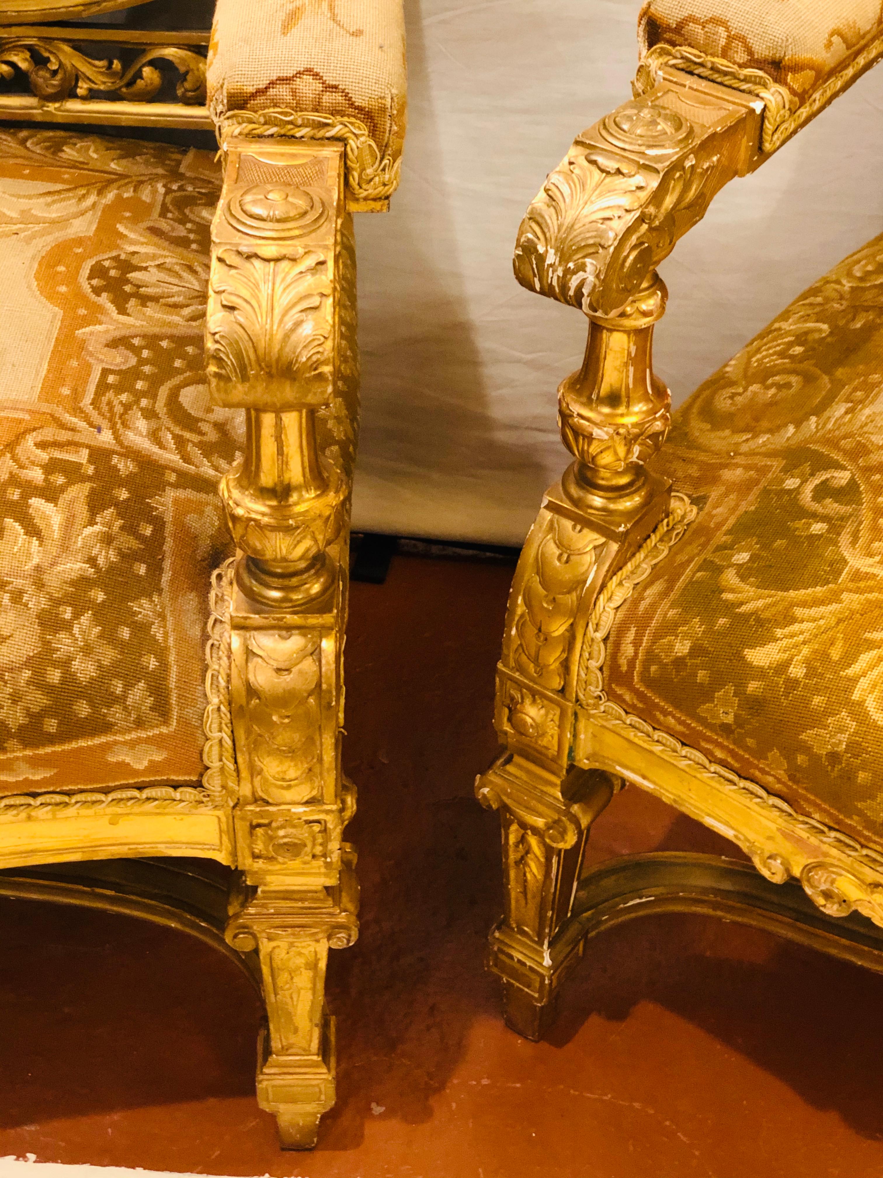 Louis XIV Style Parlor Suite / Salon Set Three-Piece Giltwood Aubusson 6