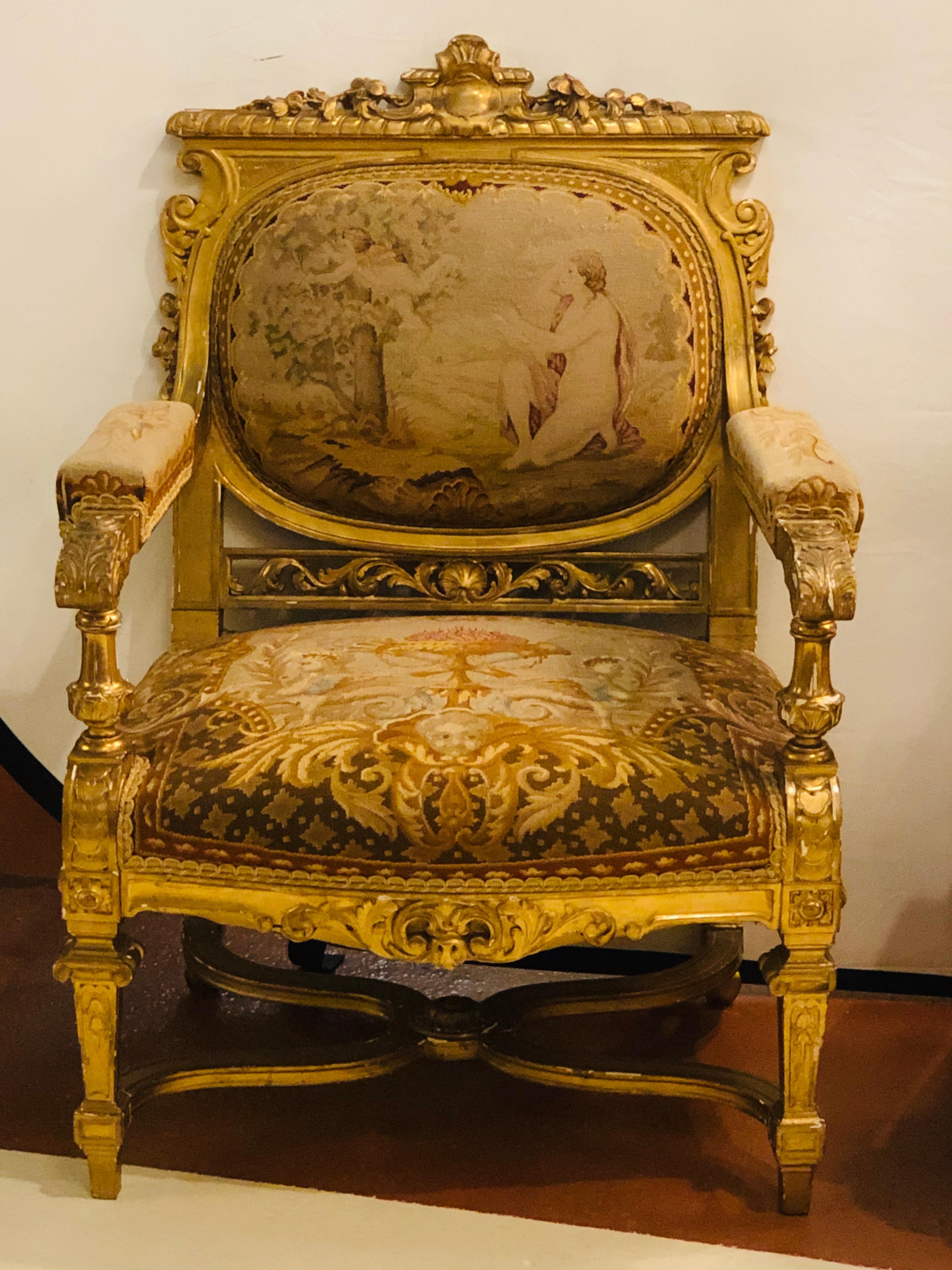 French Louis XIV Style Parlor Suite / Salon Set Three-Piece Giltwood Aubusson