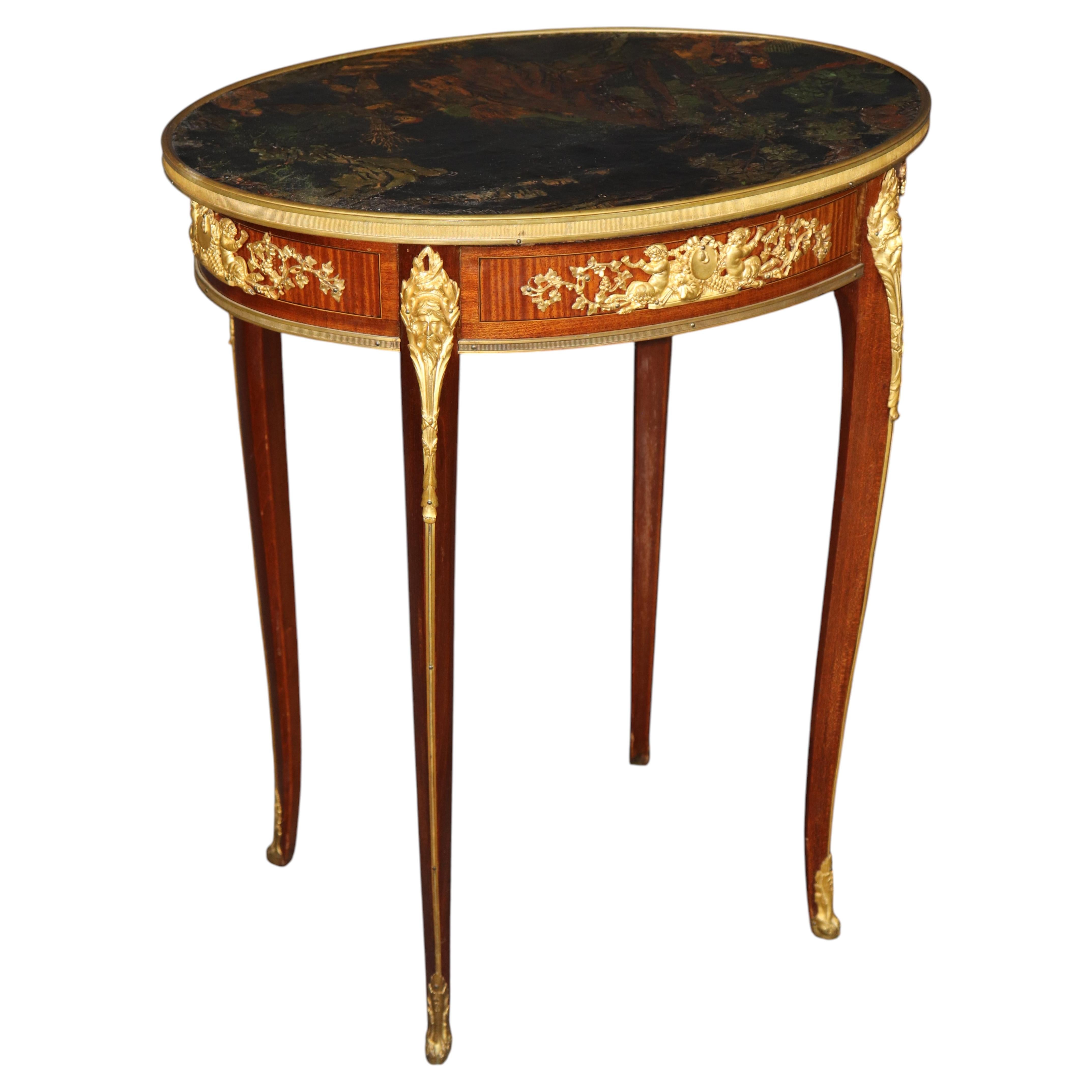 19th c Louis XV Style Bronze Ormolu Mounted End Table Chinoiserie Coromandel Top