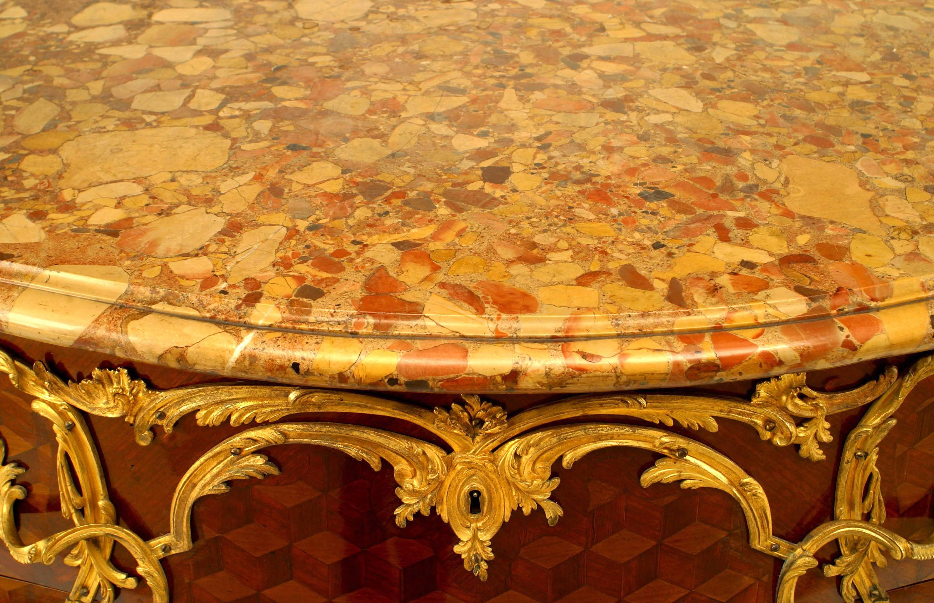 19th Century French Louis XV Style Parquetry Commode with Marble Top For Sale